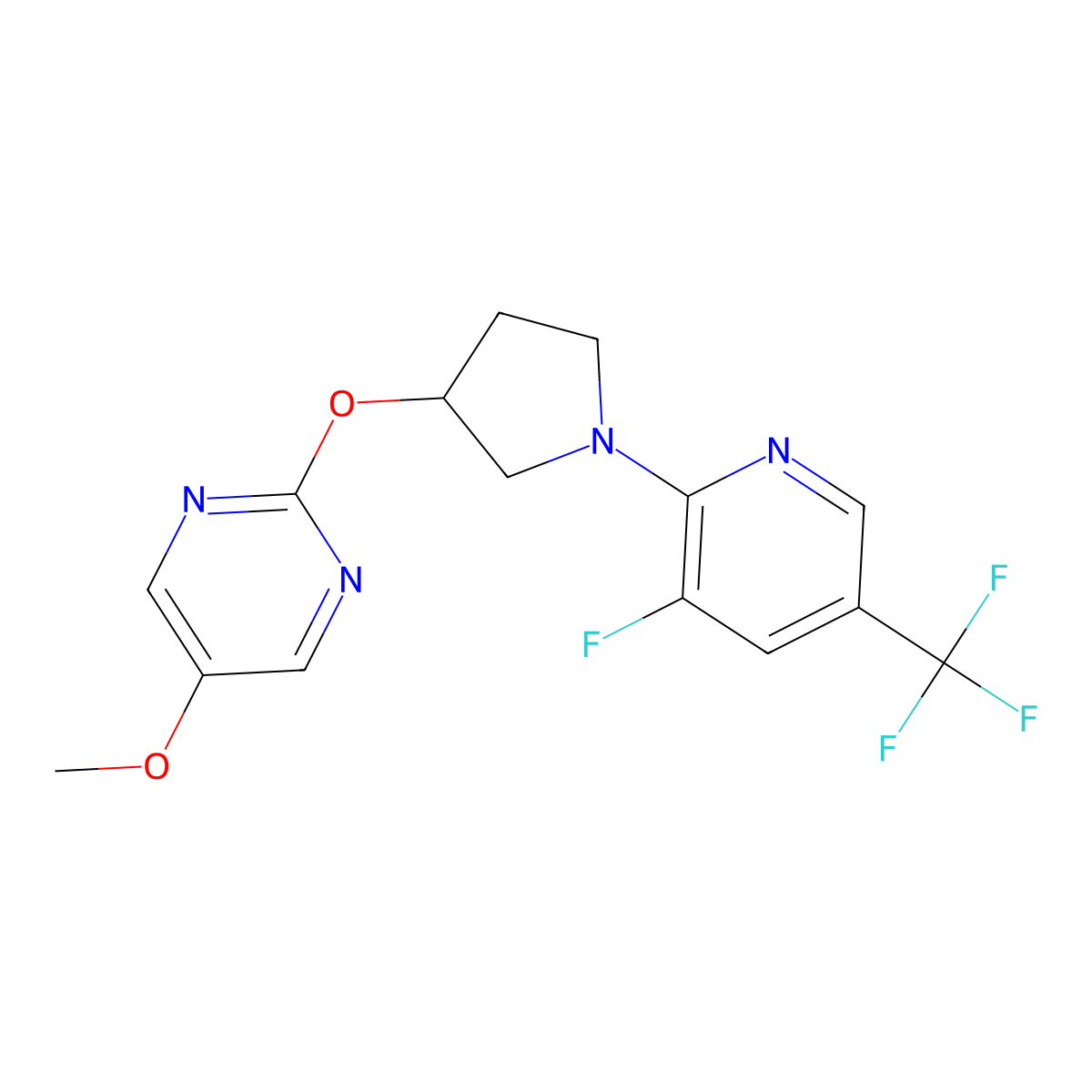 2-({1-[3-Fluoro-5-(trifluoromethyl)pyridin-2-yl]pyrrolidin-3-yl}oxy)-5-methoxypyrimidine molecular structure, CAS 2742022-36-0