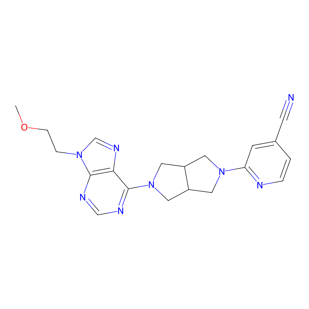 2-{5-[9-(2-methoxyethyl)-9H-purin-6-yl]-octahydropyrrolo[3,4-c]pyrrol-2-yl}pyridine-4-carbonitrile molecular structure, CAS 2742022-53-1
