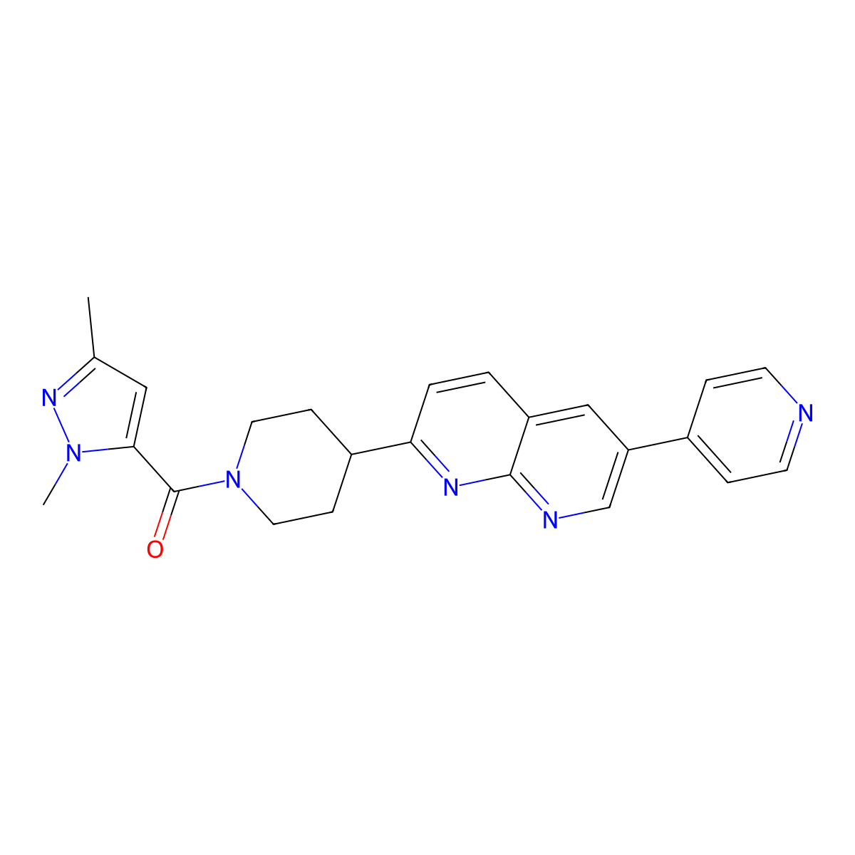 2-[1-(1,3-dimethyl-1H-pyrazole-5-carbonyl)piperidin-4-yl]-6-(pyridin-4-yl)-1,8-naphthyridine molecular structure, CAS 2742022-62-2
