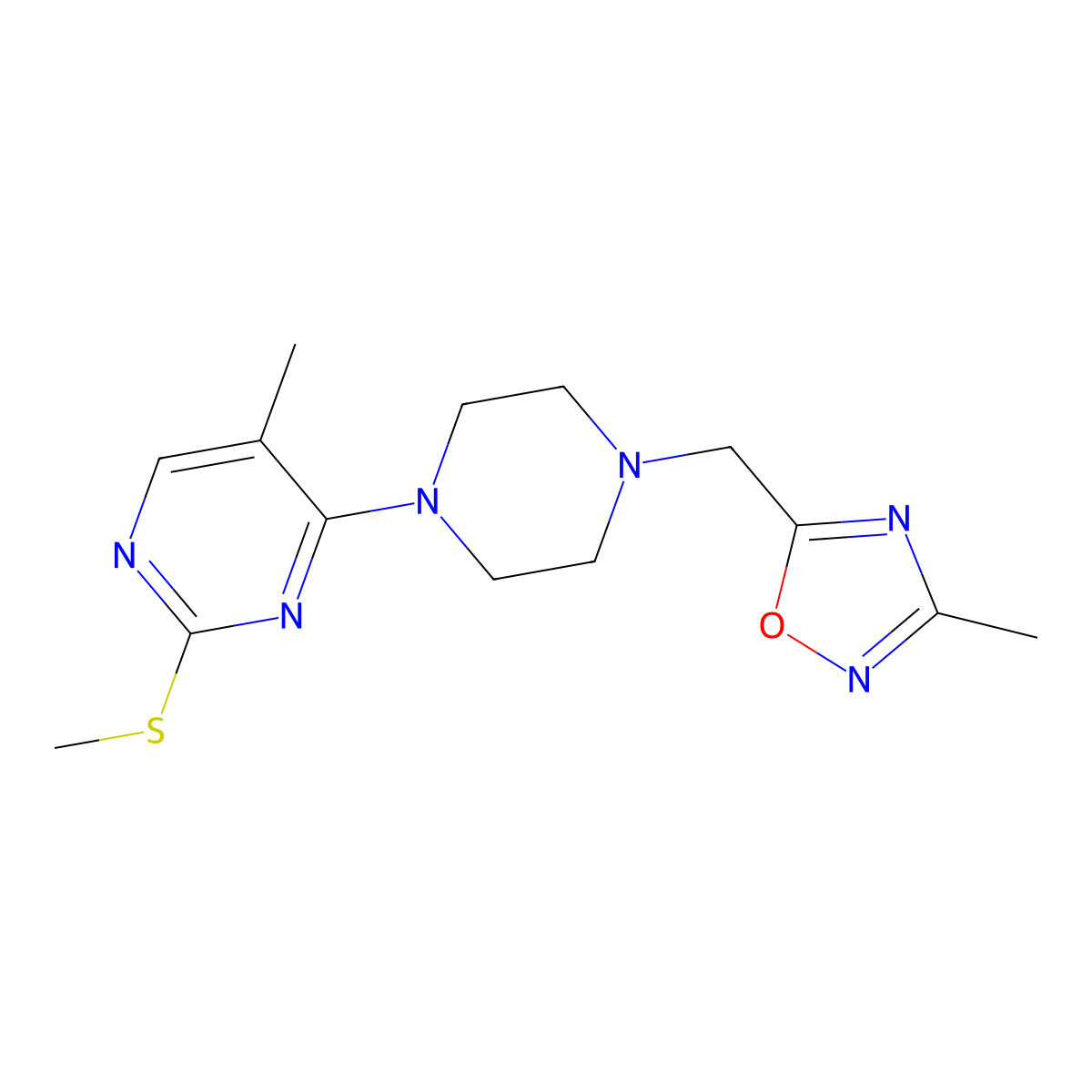 5-Methyl-4-{4-[(3-methyl-1,2,4-oxadiazol-5-yl)methyl]piperazin-1-yl}-2-(methylsulfanyl)pyrimidine molecular structure, CAS 2742022-67-7