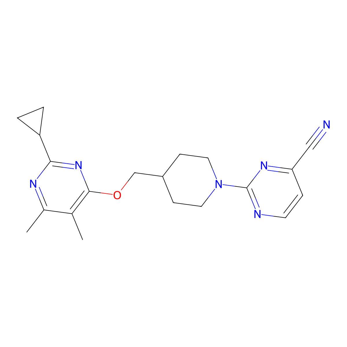 2-(4-{[(2-Cyclopropyl-5,6-dimethylpyrimidin-4-yl)oxy]methyl}piperidin-1-yl)pyrimidine-4-carbonitrile molecular structure, CAS 2742022-75-7