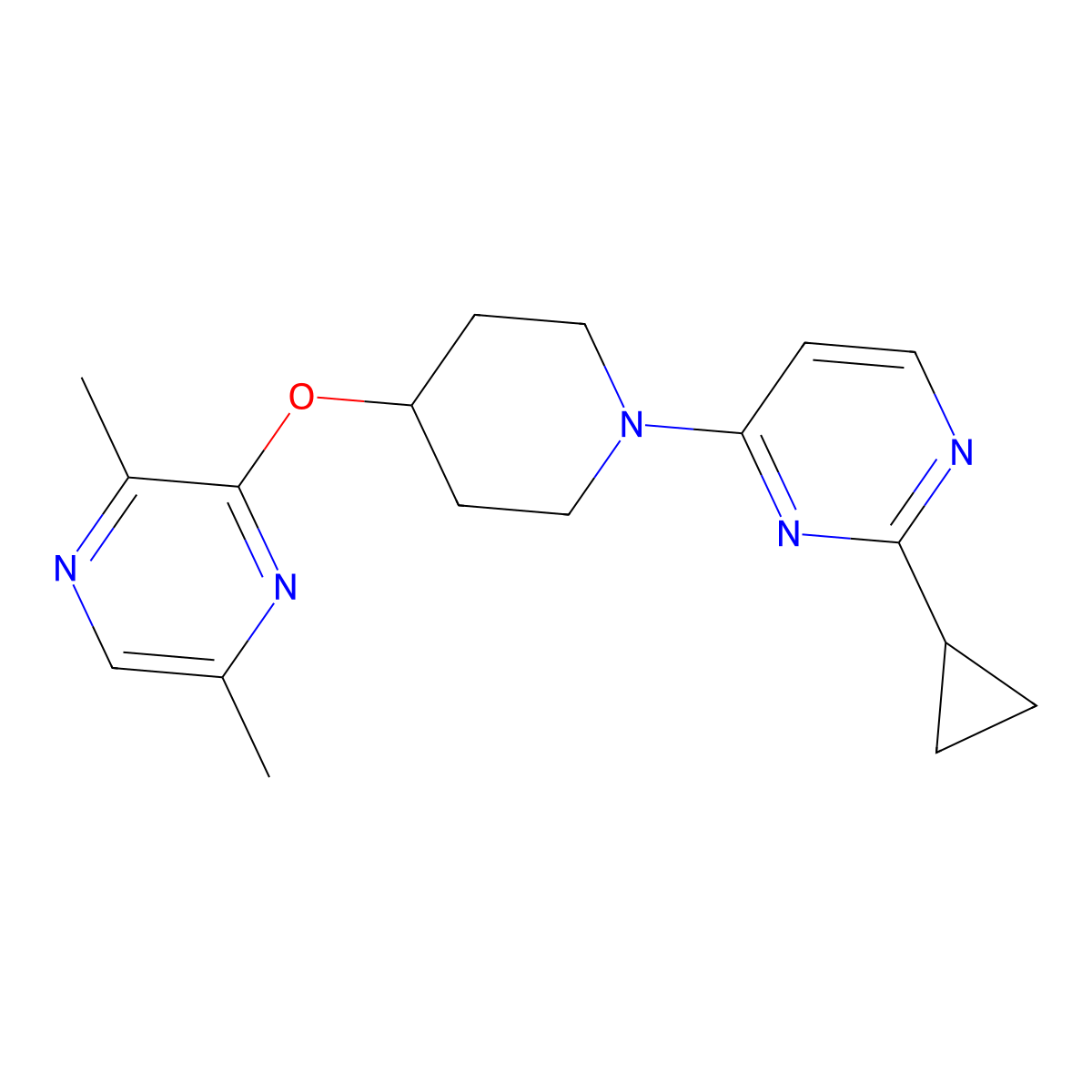 2-Cyclopropyl-4-{4-[(3,6-dimethylpyrazin-2-yl)oxy]piperidin-1-yl}pyrimidine molecular structure, CAS 2742022-76-8