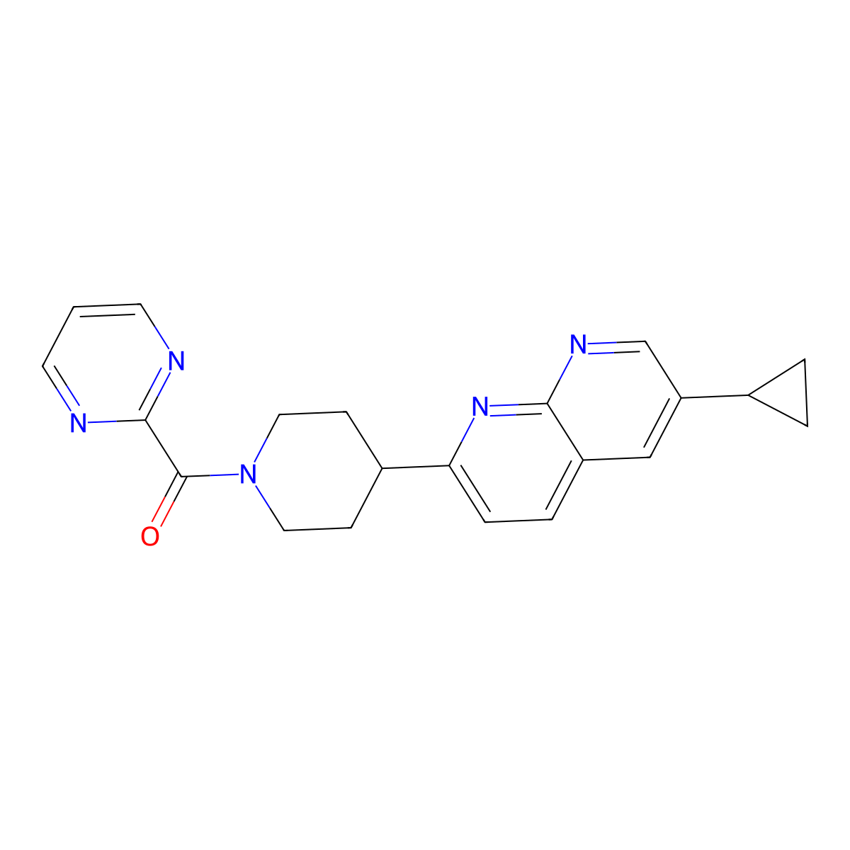 6-Cyclopropyl-2-[1-(pyrimidine-2-carbonyl)piperidin-4-yl]-1,8-naphthyridine molecular structure, CAS 2742022-85-9
