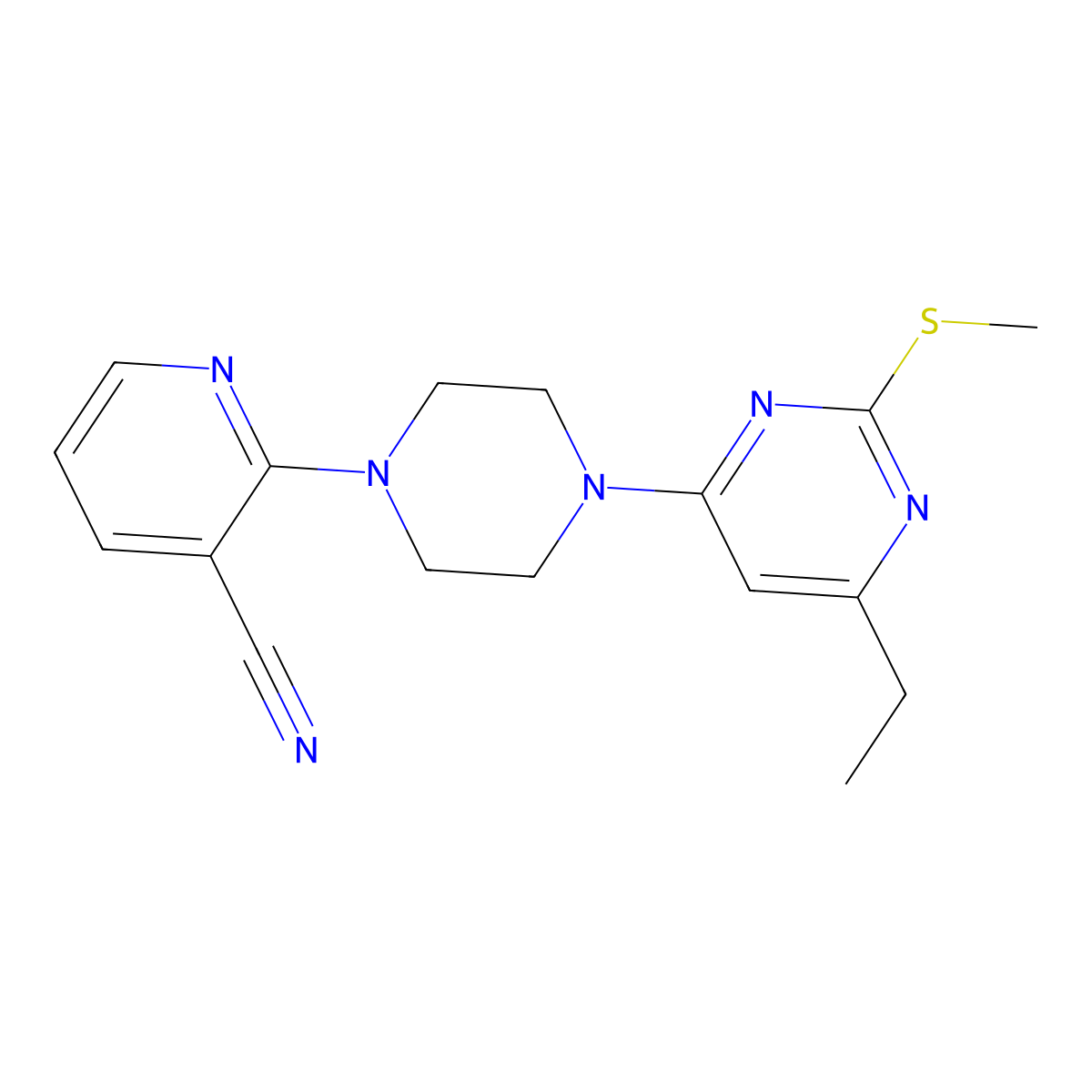 2-{4-[6-Ethyl-2-(methylsulfanyl)pyrimidin-4-yl]piperazin-1-yl}pyridine-3-carbonitrile molecular structure, CAS 2742022-96-2