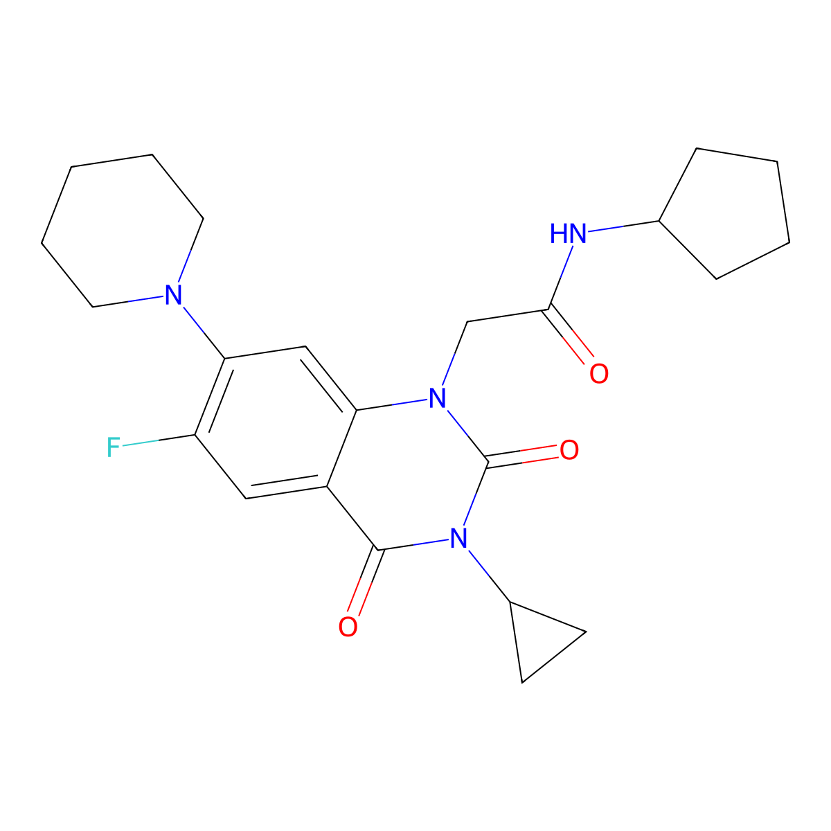 N-cyclopentyl-2-[3-cyclopropyl-6-fluoro-2,4-dioxo-7-(piperidin-1-yl)-1,2,3,4-tetrahydroquinazolin-1-yl]acetamide molecular structure, CAS 2742022-99-5