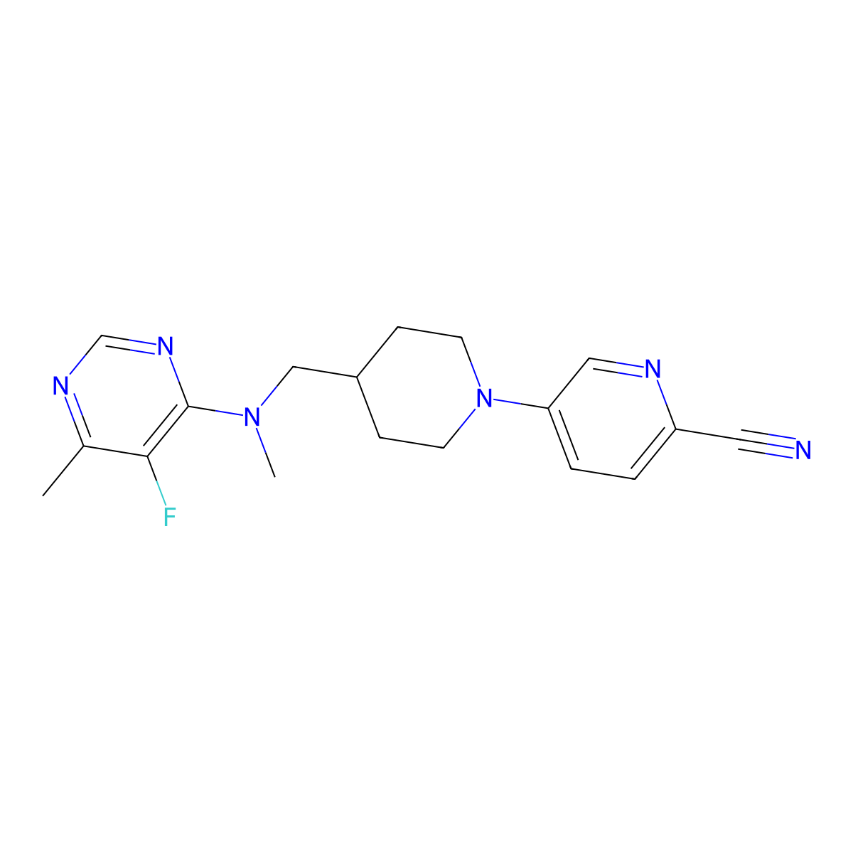 5-(4-{[(5-Fluoro-6-methylpyrimidin-4-yl)(methyl)amino]methyl}piperidin-1-yl)pyridine-2-carbonitrile molecular structure, CAS 2742023-01-2