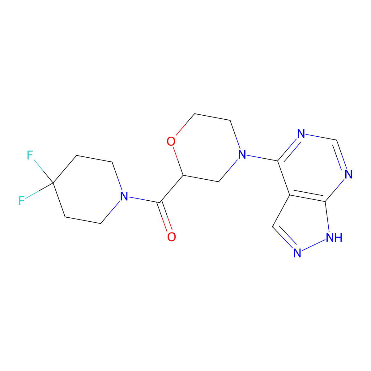 2-(4,4-difluoropiperidine-1-carbonyl)-4-{1H-pyrazolo[3,4-d]pyrimidin-4-yl}morpholine molecular structure, CAS 2742023-06-7