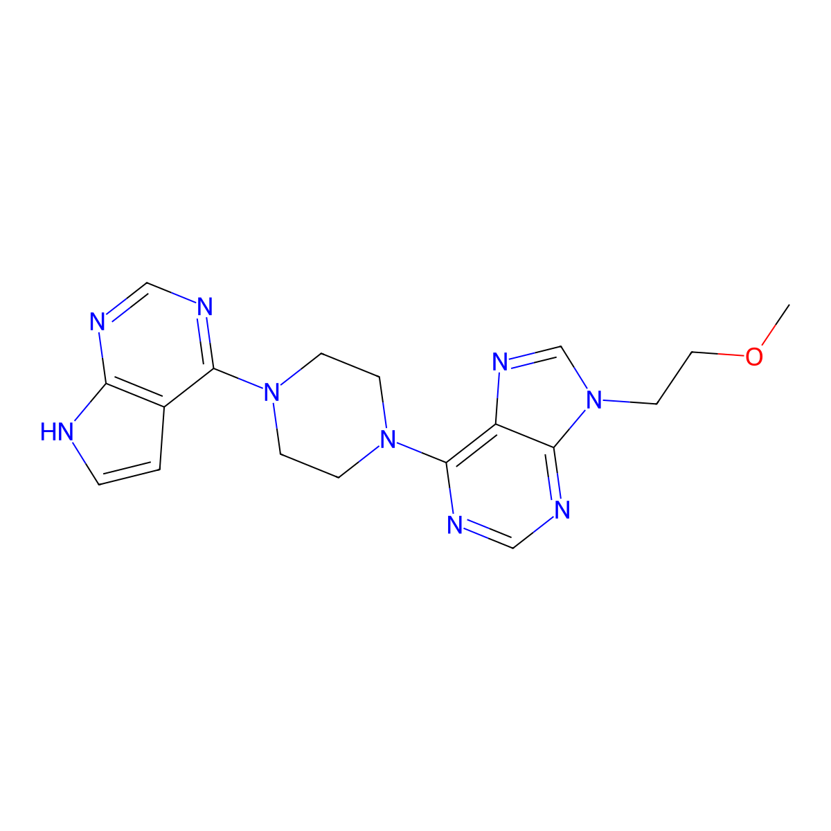9-(2-methoxyethyl)-6-(4-{7H-pyrrolo[2,3-d]pyrimidin-4-yl}piperazin-1-yl)-9H-purine molecular structure, CAS 2742023-15-8