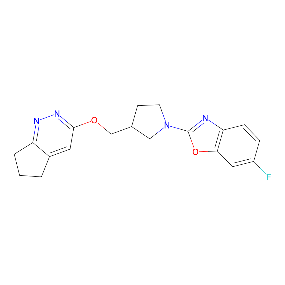 2-[3-({5H,6H,7H-cyclopenta[c]pyridazin-3-yloxy}methyl)pyrrolidin-1-yl]-6-fluoro-1,3-benzoxazole molecular structure, CAS 2742023-24-9