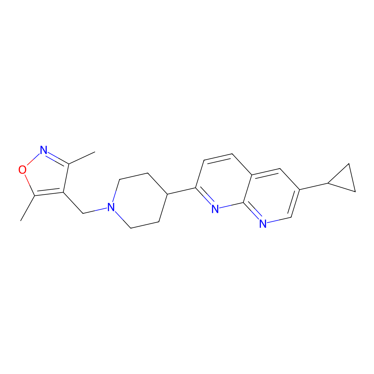6-Cyclopropyl-2-{1-[(3,5-dimethyl-1,2-oxazol-4-yl)methyl]piperidin-4-yl}-1,8-naphthyridine molecular structure, CAS 2742023-29-4