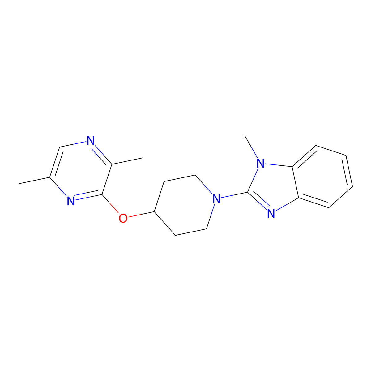 2-{4-[(3,6-dimethylpyrazin-2-yl)oxy]piperidin-1-yl}-1-methyl-1H-1,3-benzodiazole molecular structure, CAS 2742023-40-9