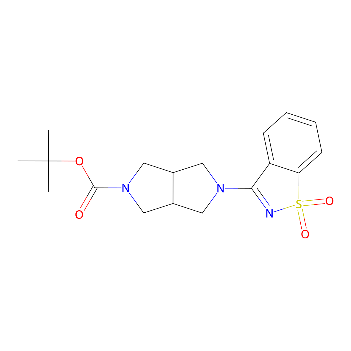 Tert-butyl 2-(1,1-dioxo-1,2-benzothiazol-3-yl)-1,3,3a,4,6,6a-hexahydropyrrolo[3,4-c]pyrrole-5-carboxylate molecular structure, CAS 2742023-43-2