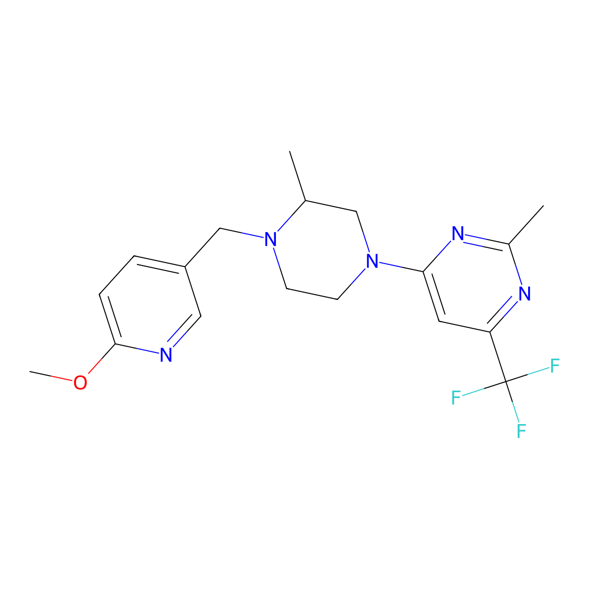 4-{4-[(6-Methoxypyridin-3-yl)methyl]-3-methylpiperazin-1-yl}-2-methyl-6-(trifluoromethyl)pyrimidine molecular structure, CAS 2742023-44-3