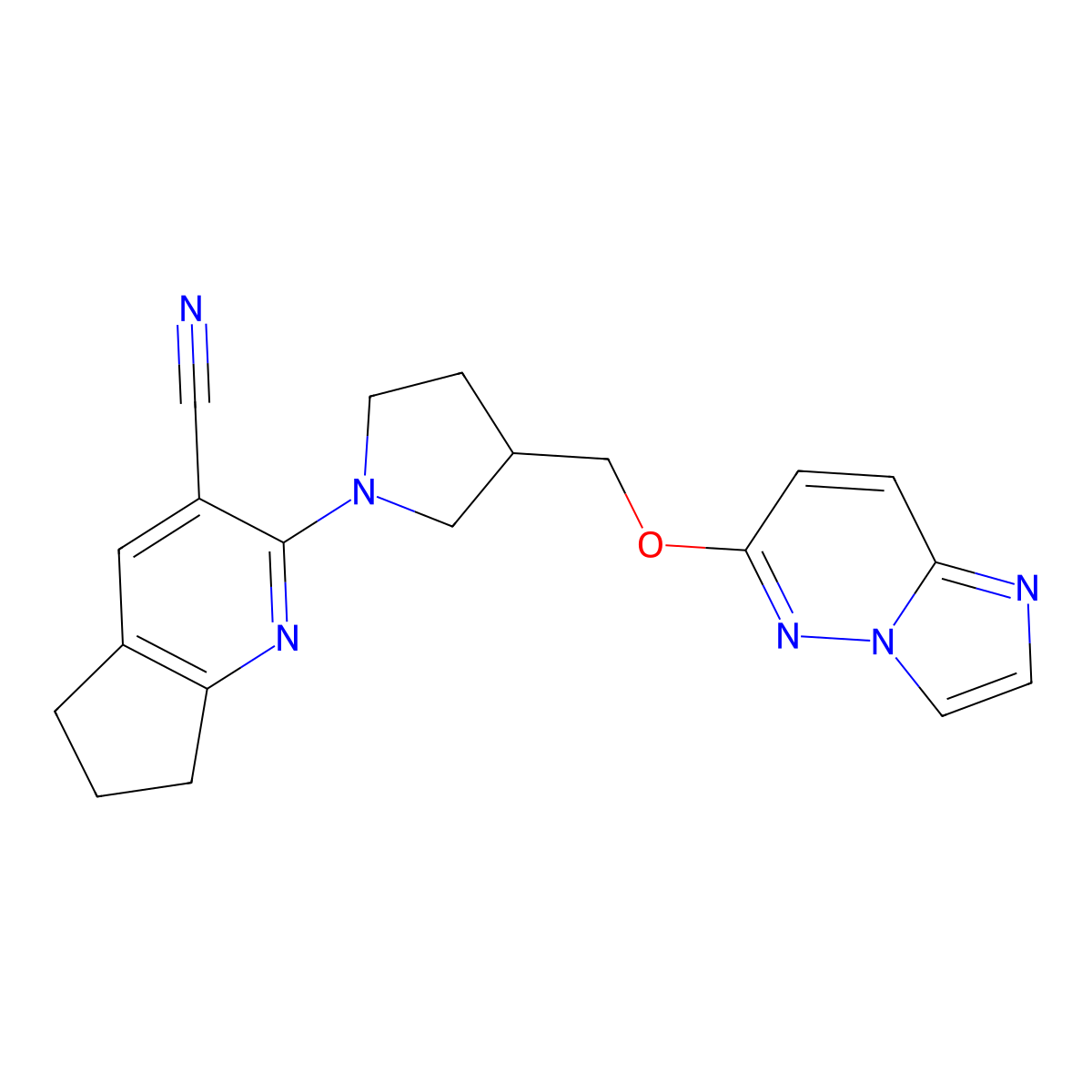 2-[3-({imidazo[1,2-b]pyridazin-6-yloxy}methyl)pyrrolidin-1-yl]-5H,6H,7H-cyclopenta[b]pyridine-3-carbonitrile molecular structure, CAS 2742023-50-1