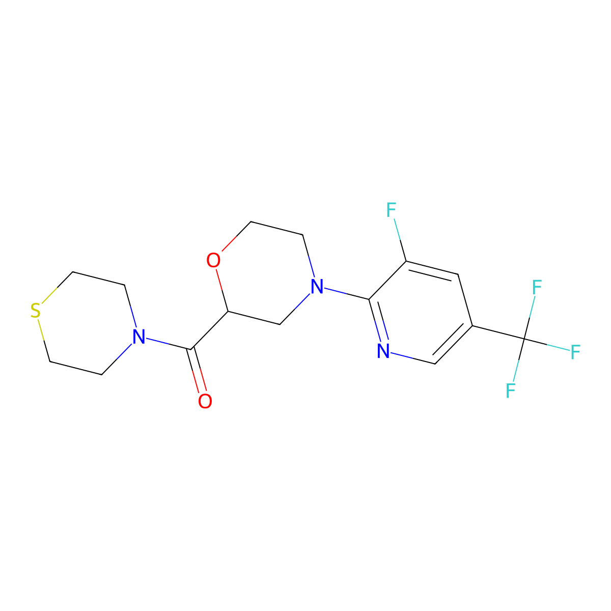 4-[3-Fluoro-5-(trifluoromethyl)pyridin-2-yl]-2-(thiomorpholine-4-carbonyl)morpholine molecular structure, CAS 2742023-66-9