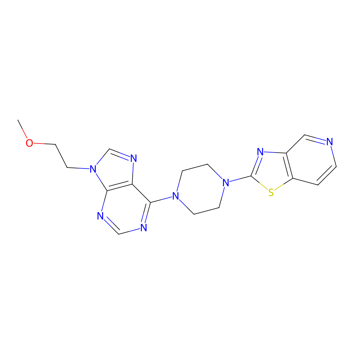 9-(2-methoxyethyl)-6-(4-{[1,3]thiazolo[4,5-c]pyridin-2-yl}piperazin-1-yl)-9H-purine molecular structure, CAS 2742023-78-3