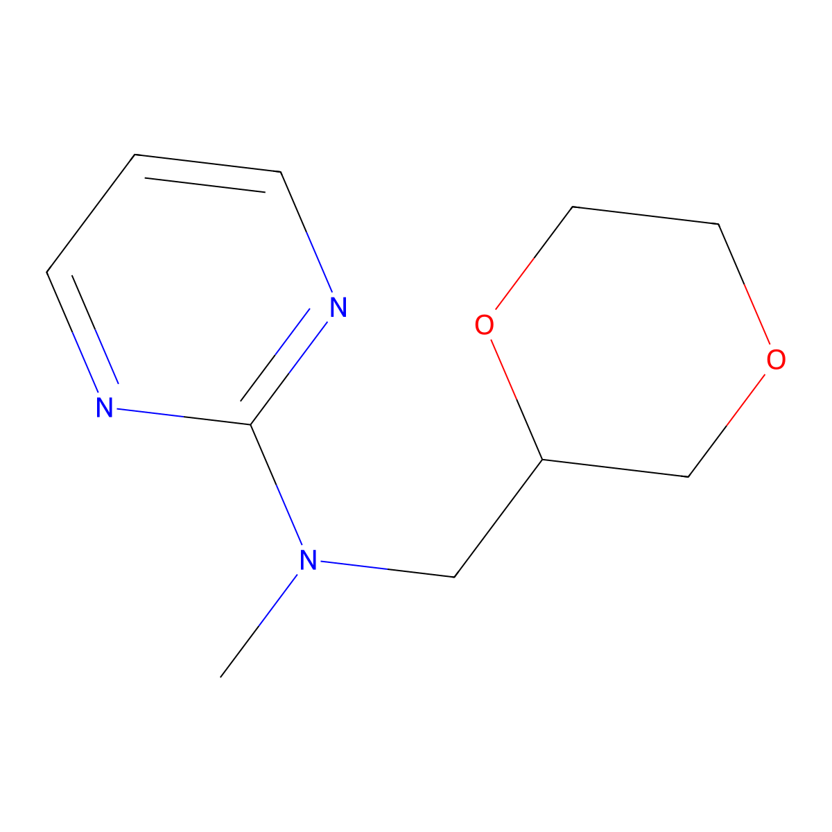 N-[(1,4-dioxan-2-yl)methyl]-N-methylpyrimidin-2-amine molecular structure, CAS 2742023-89-6