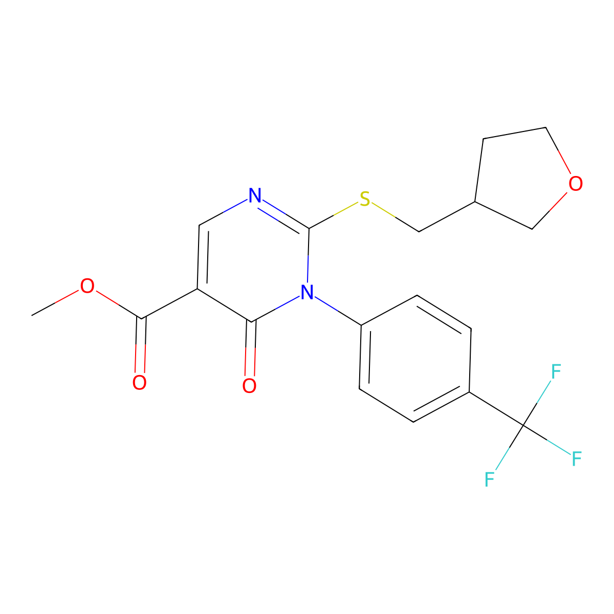 Methyl 6-oxo-2-{[(oxolan-3-yl)methyl]sulfanyl}-1-[4-(trifluoromethyl)phenyl]-1,6-dihydropyrimidine-5-carboxylate molecular structure, CAS 2742023-98-7