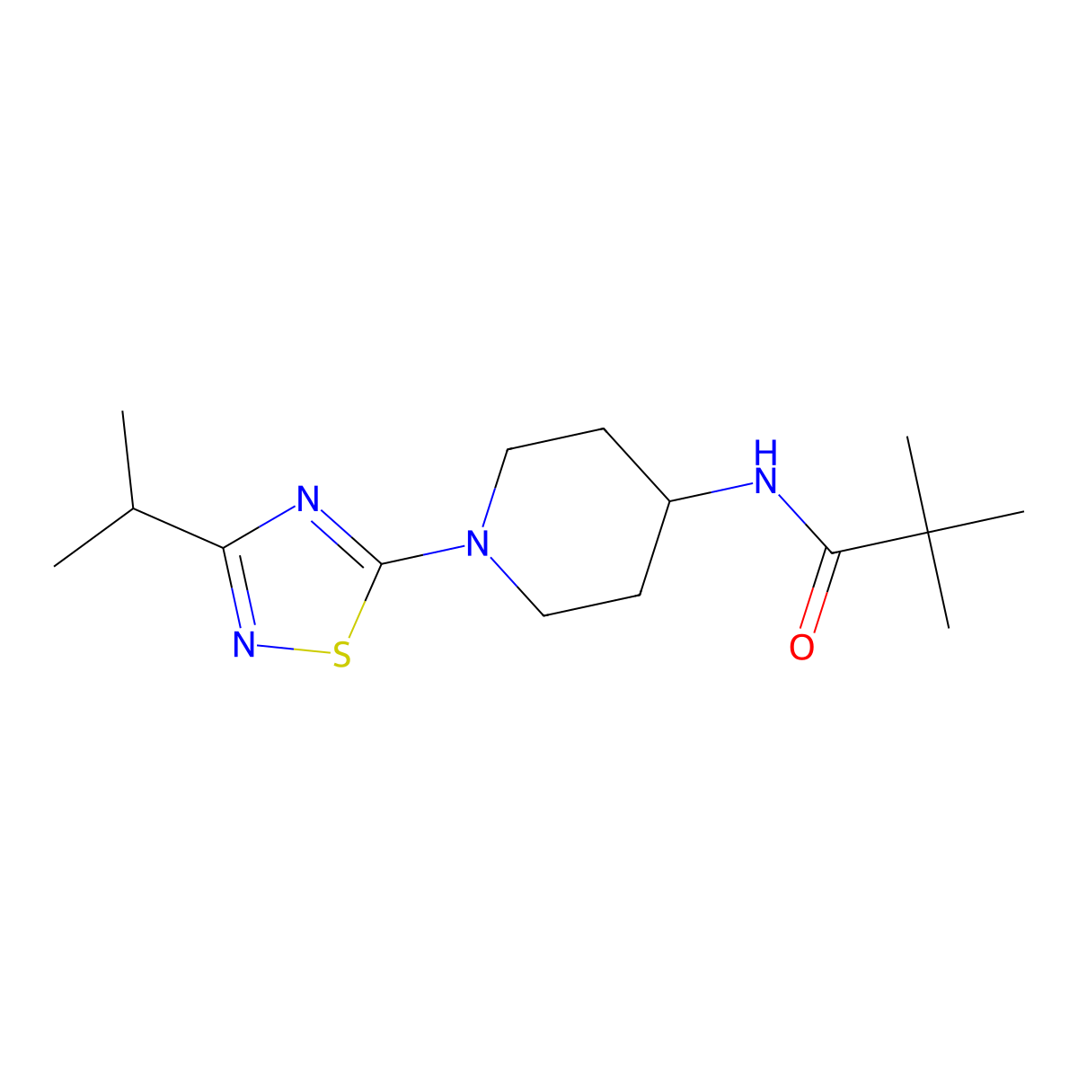2,2-dimethyl-N-{1-[3-(propan-2-yl)-1,2,4-thiadiazol-5-yl]piperidin-4-yl}propanamide molecular structure, CAS 2742024-20-8
