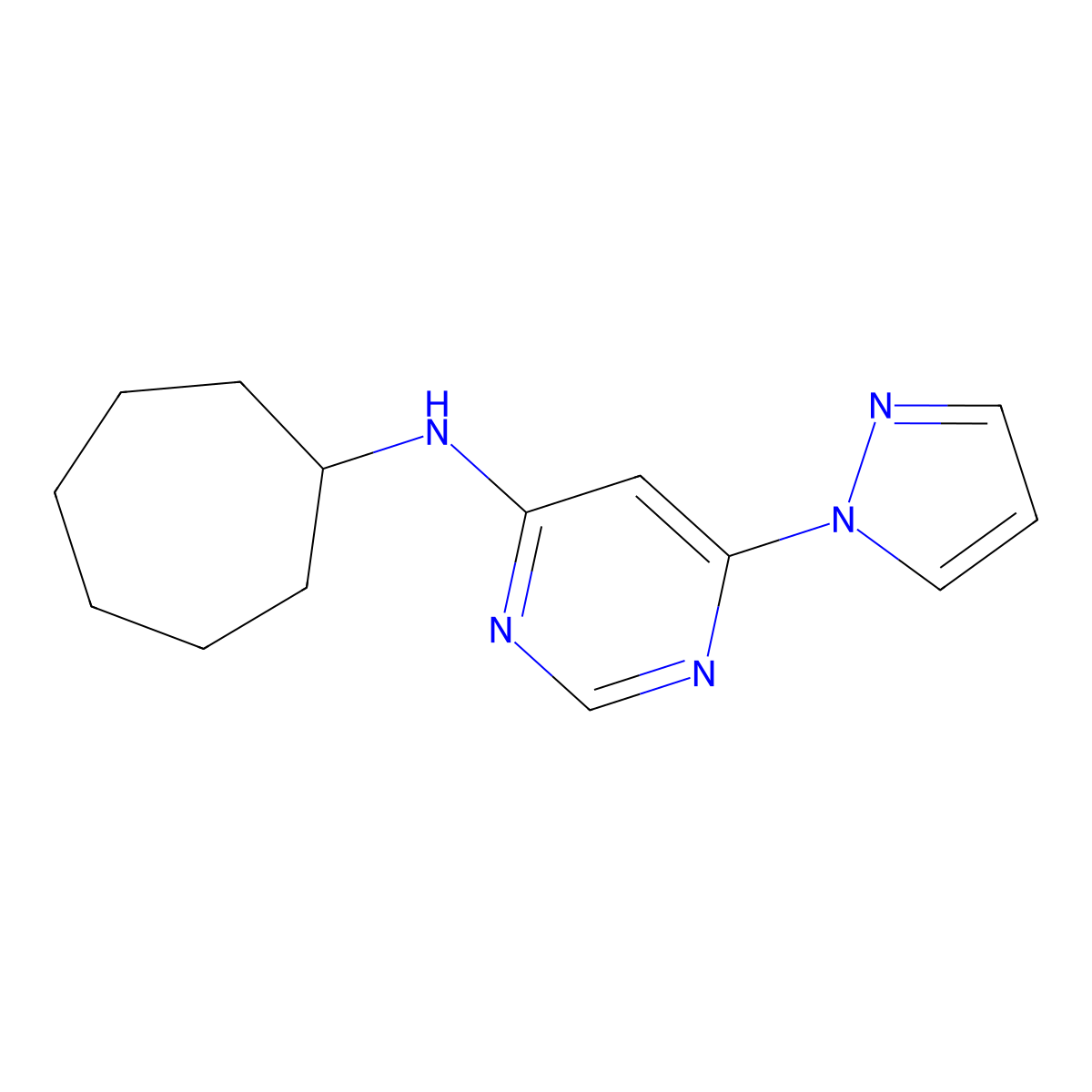 N-cycloheptyl-6-(1H-pyrazol-1-yl)pyrimidin-4-amine molecular structure, CAS 2742024-32-2