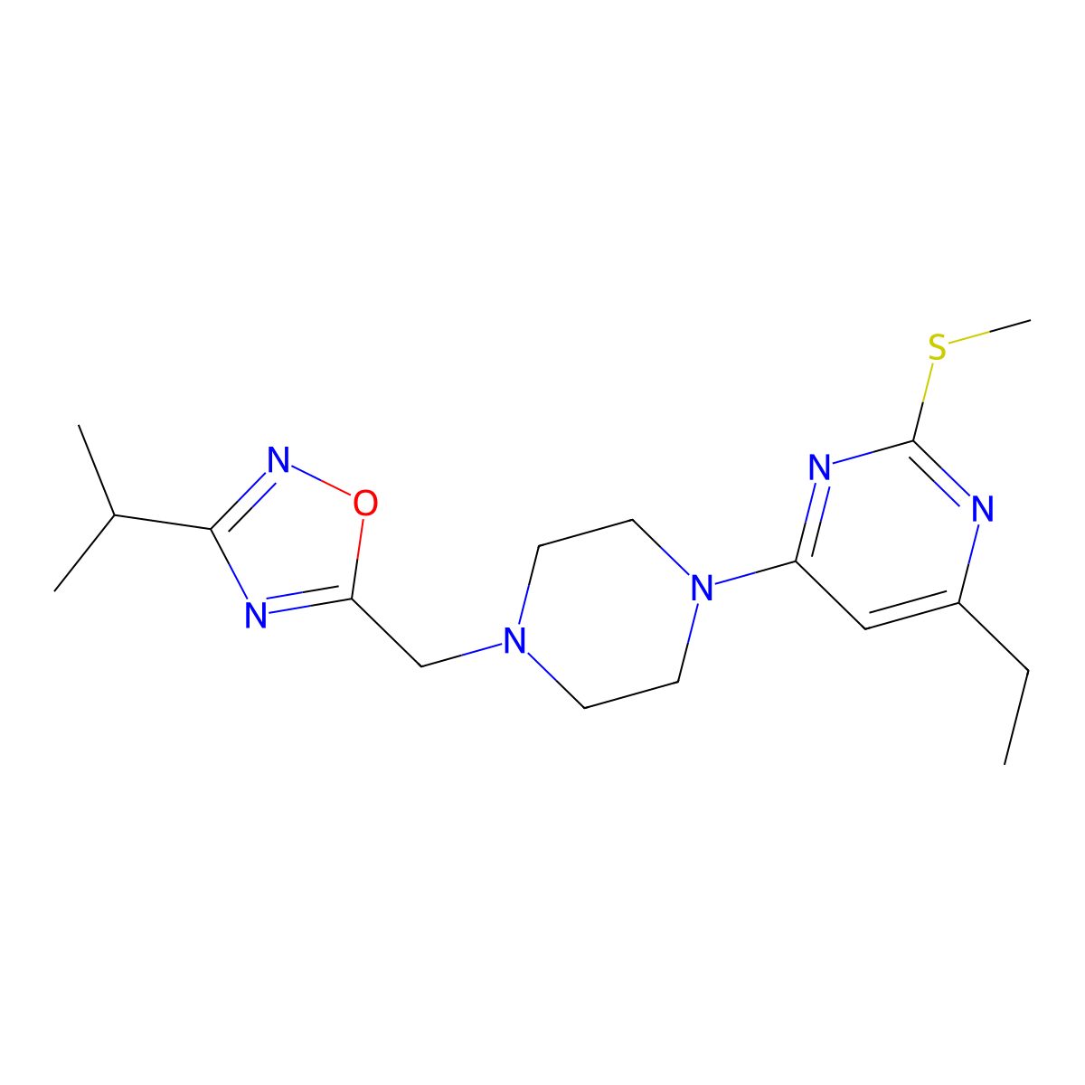 4-Ethyl-2-(methylsulfanyl)-6-(4-{[3-(propan-2-yl)-1,2,4-oxadiazol-5-yl]methyl}piperazin-1-yl)pyrimidine molecular structure, CAS 2742024-41-3