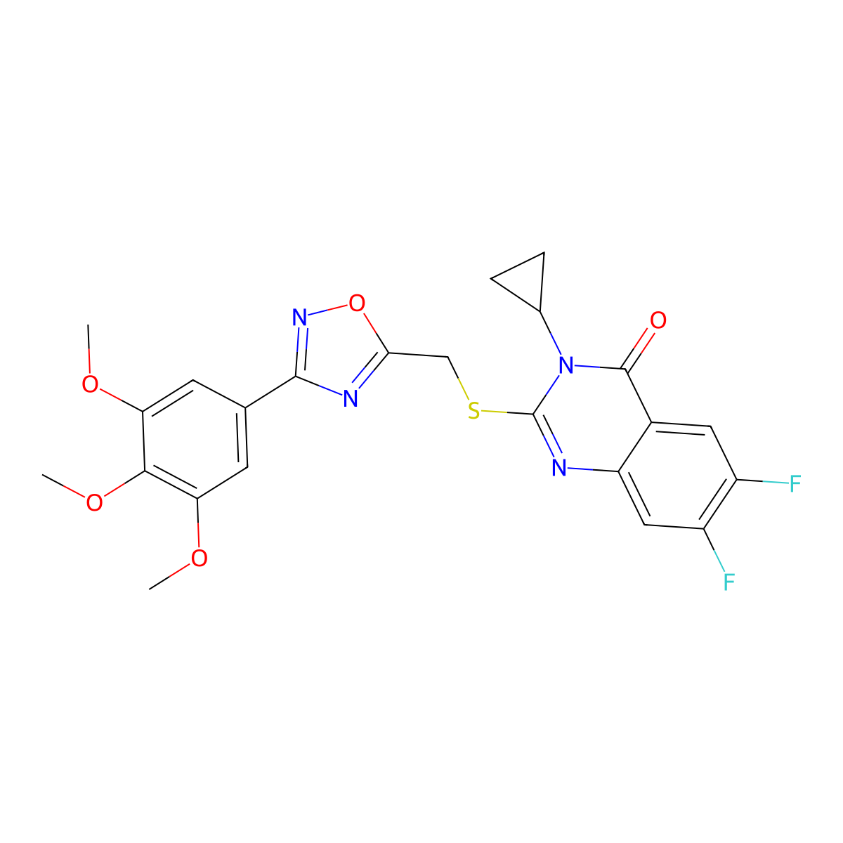 3-Cyclopropyl-6,7-difluoro-2-({[3-(3,4,5-trimethoxyphenyl)-1,2,4-oxadiazol-5-yl]methyl}sulfanyl)-3,4-dihydroquinazolin-4-one molecular structure, CAS 2742024-44-6