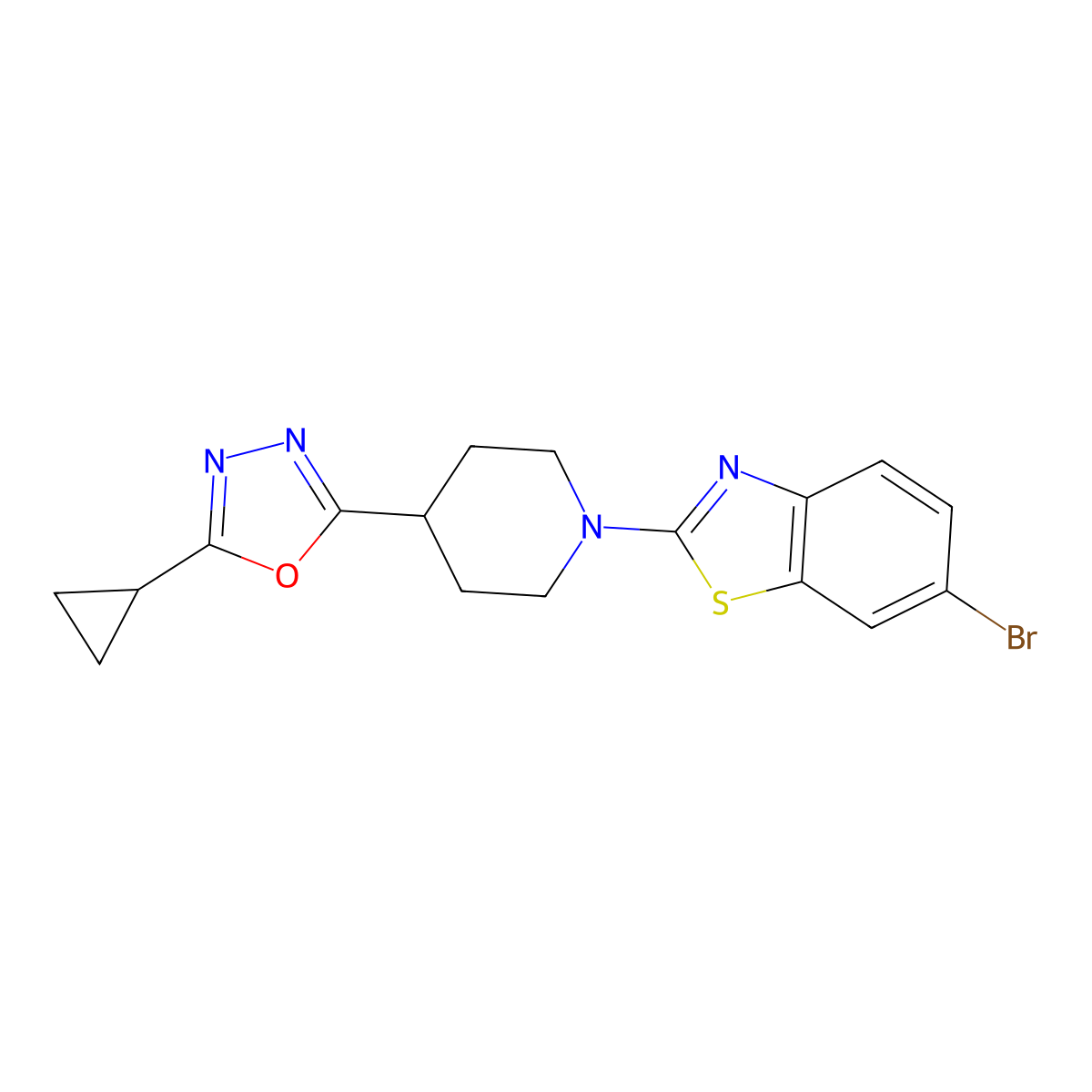 6-Bromo-2-[4-(5-cyclopropyl-1,3,4-oxadiazol-2-yl)piperidin-1-yl]-1,3-benzothiazole molecular structure, CAS 2742024-45-7