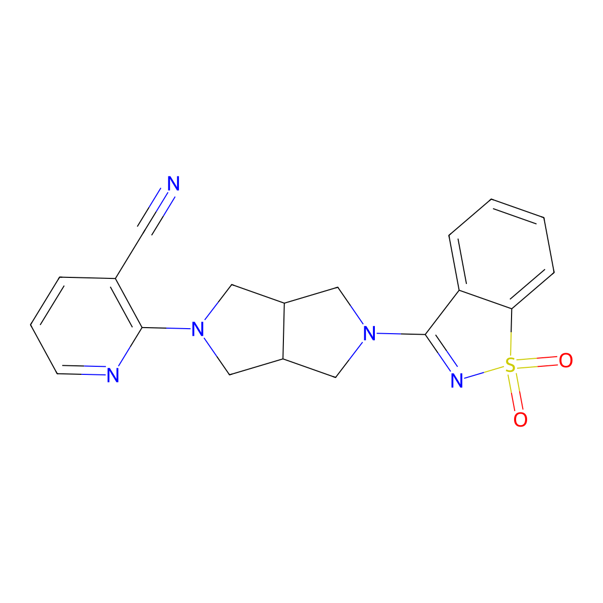 2-[5-(1,1-Dioxo-1,2-benzothiazol-3-yl)-1,3,3a,4,6,6a-hexahydropyrrolo[3,4-c]pyrrol-2-yl]pyridine-3-carbonitrile molecular structure, CAS 2742024-47-9