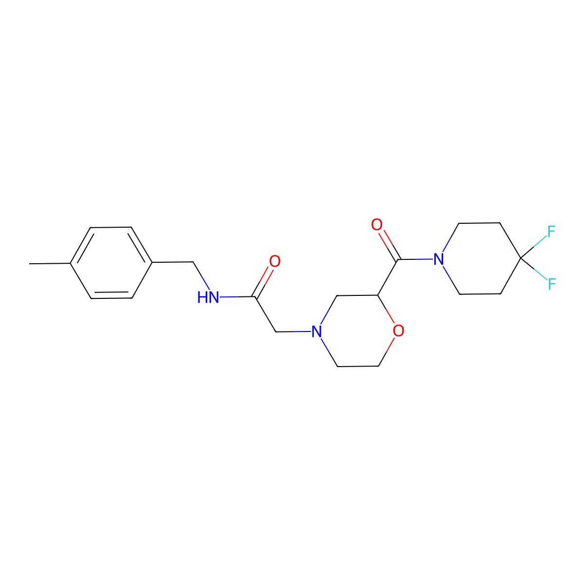 2-[2-(4,4-difluoropiperidine-1-carbonyl)morpholin-4-yl]-N-[(4-methylphenyl)methyl]acetamide molecular structure, CAS 2742024-54-8