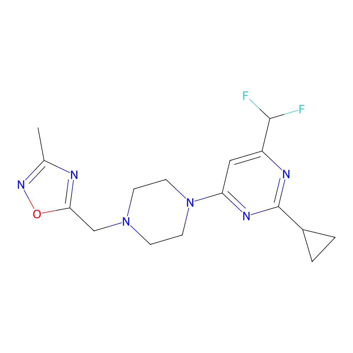 2-Cyclopropyl-4-(difluoromethyl)-6-{4-[(3-methyl-1,2,4-oxadiazol-5-yl)methyl]piperazin-1-yl}pyrimidine molecular structure, CAS 2742024-68-4