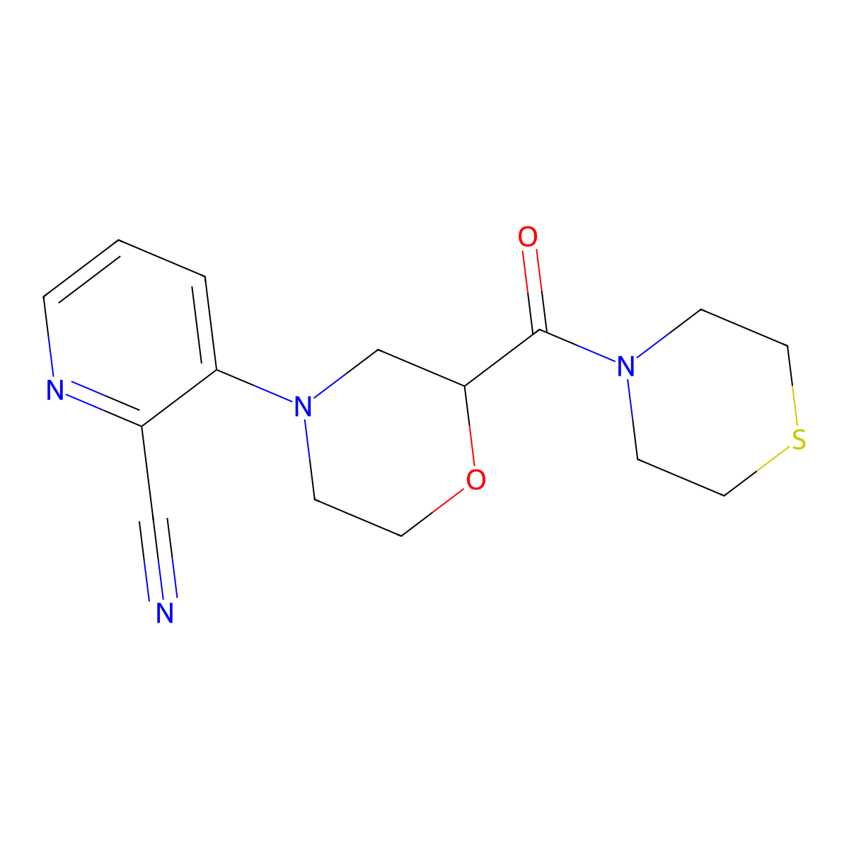 3-[2-(Thiomorpholine-4-carbonyl)morpholin-4-yl]pyridine-2-carbonitrile molecular structure, CAS 2742024-73-1