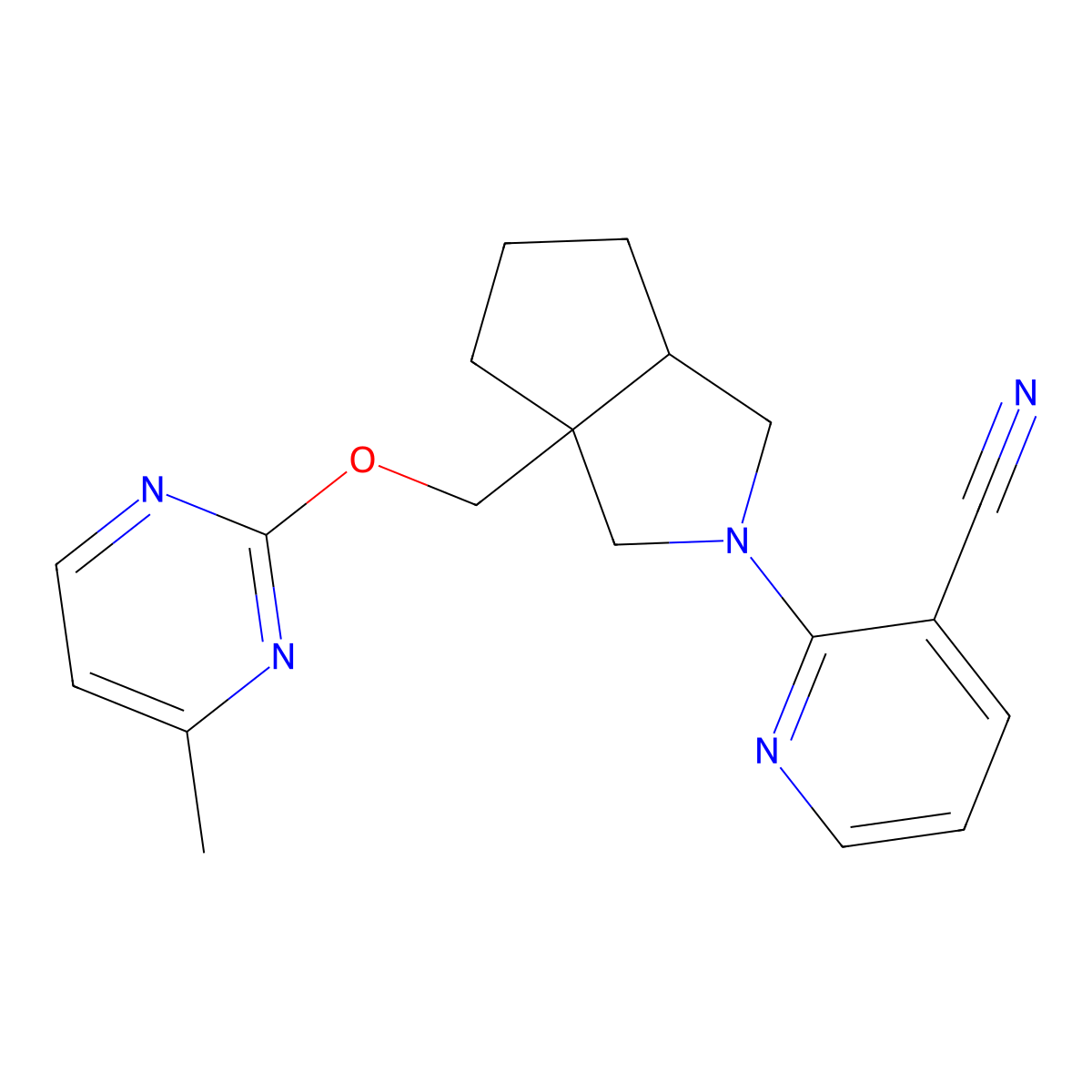 2-(3a-{[(4-Methylpyrimidin-2-yl)oxy]methyl}-octahydrocyclopenta[c]pyrrol-2-yl)pyridine-3-carbonitrile molecular structure, CAS 2742024-76-4