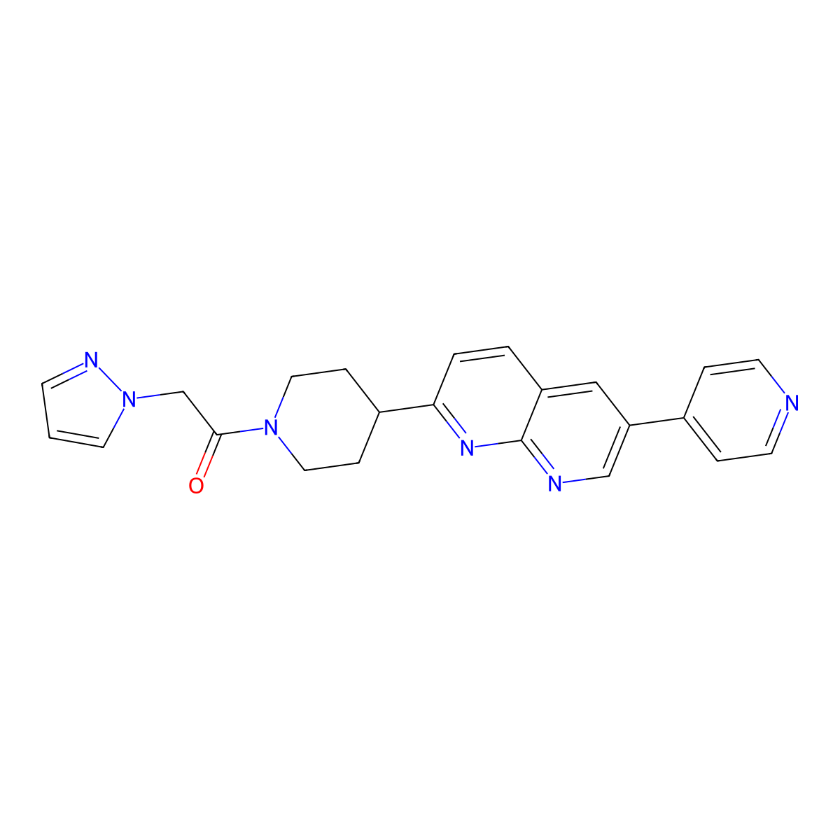 2-(1H-pyrazol-1-yl)-1-{4-[6-(pyridin-4-yl)-1,8-naphthyridin-2-yl]piperidin-1-yl}ethan-1-one molecular structure, CAS 2742024-77-5
