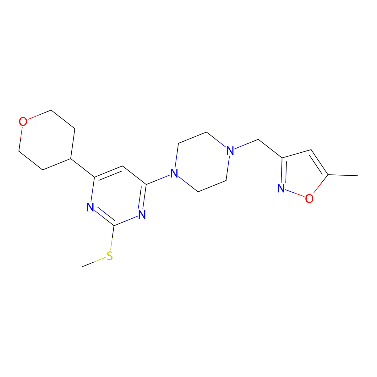 4-{4-[(5-Methyl-1,2-oxazol-3-yl)methyl]piperazin-1-yl}-2-(methylsulfanyl)-6-(oxan-4-yl)pyrimidine molecular structure, CAS 2742024-78-6