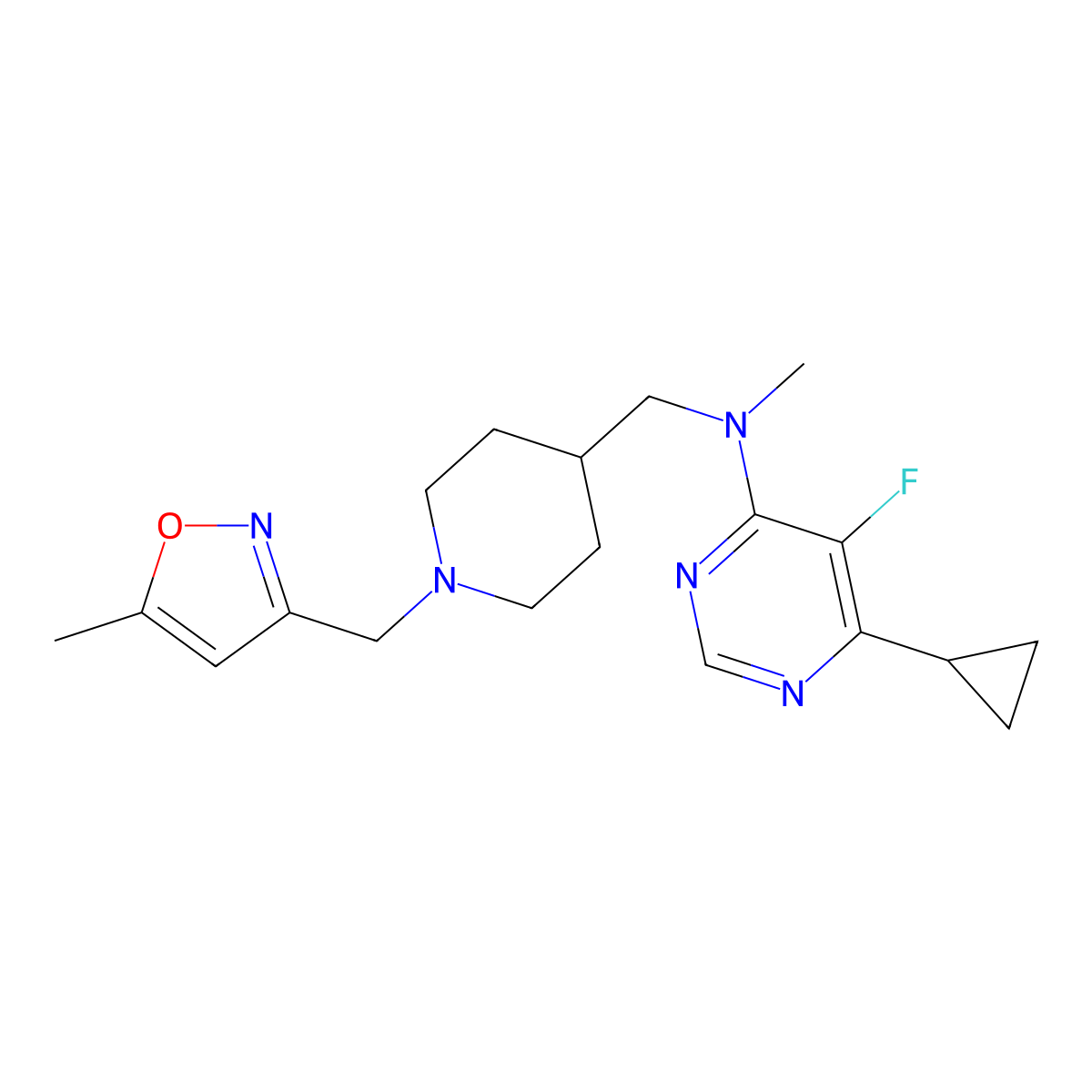 6-cyclopropyl-5-fluoro-N-methyl-N-({1-[(5-methyl-1,2-oxazol-3-yl)methyl]piperidin-4-yl}methyl)pyrimidin-4-amine molecular structure, CAS 2742024-85-5