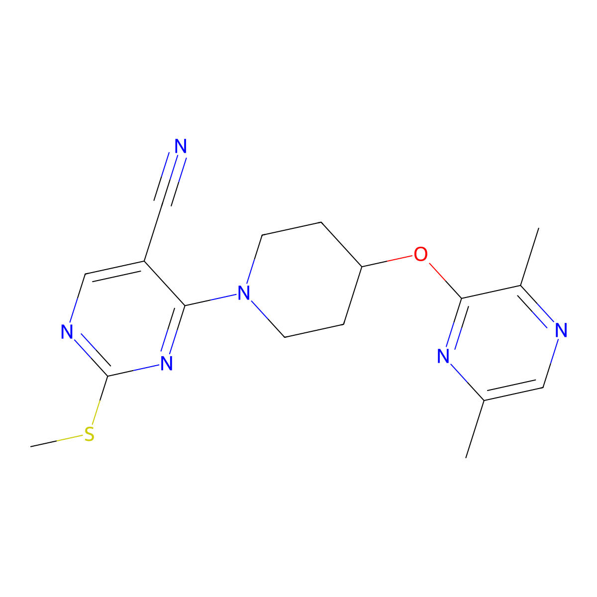 4-{4-[(3,6-Dimethylpyrazin-2-yl)oxy]piperidin-1-yl}-2-(methylsulfanyl)pyrimidine-5-carbonitrile molecular structure, CAS 2742025-06-3