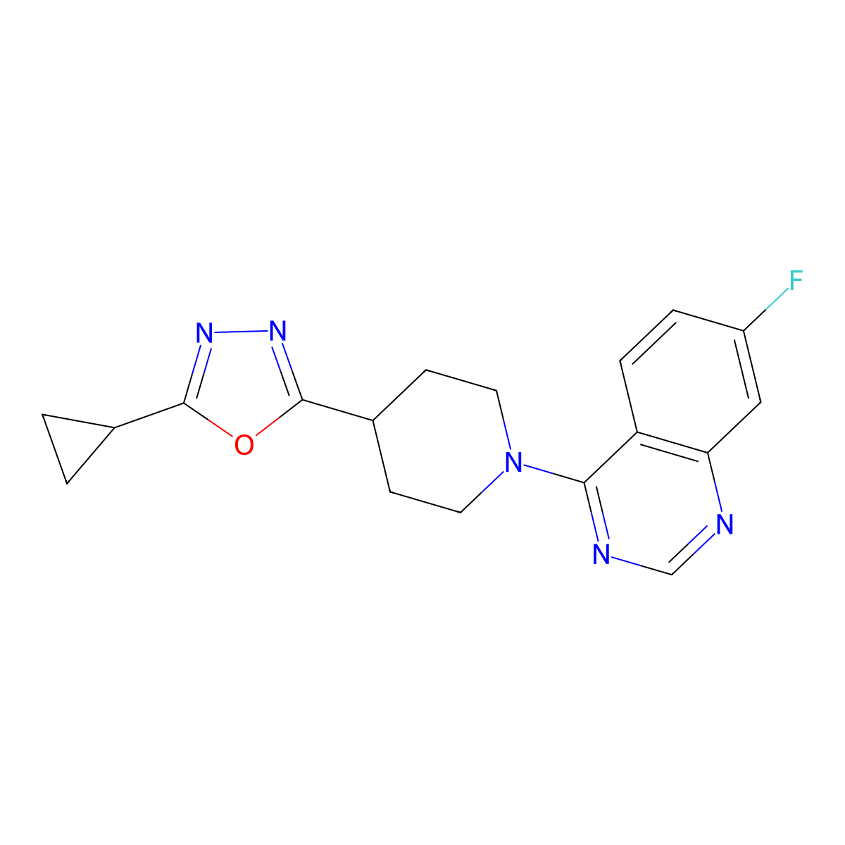 4-[4-(5-Cyclopropyl-1,3,4-oxadiazol-2-yl)piperidin-1-yl]-7-fluoroquinazoline molecular structure, CAS 2742025-20-1