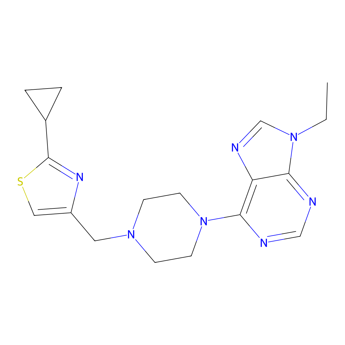 6-{4-[(2-cyclopropyl-1,3-thiazol-4-yl)methyl]piperazin-1-yl}-9-ethyl-9H-purine molecular structure, CAS 2742025-23-4