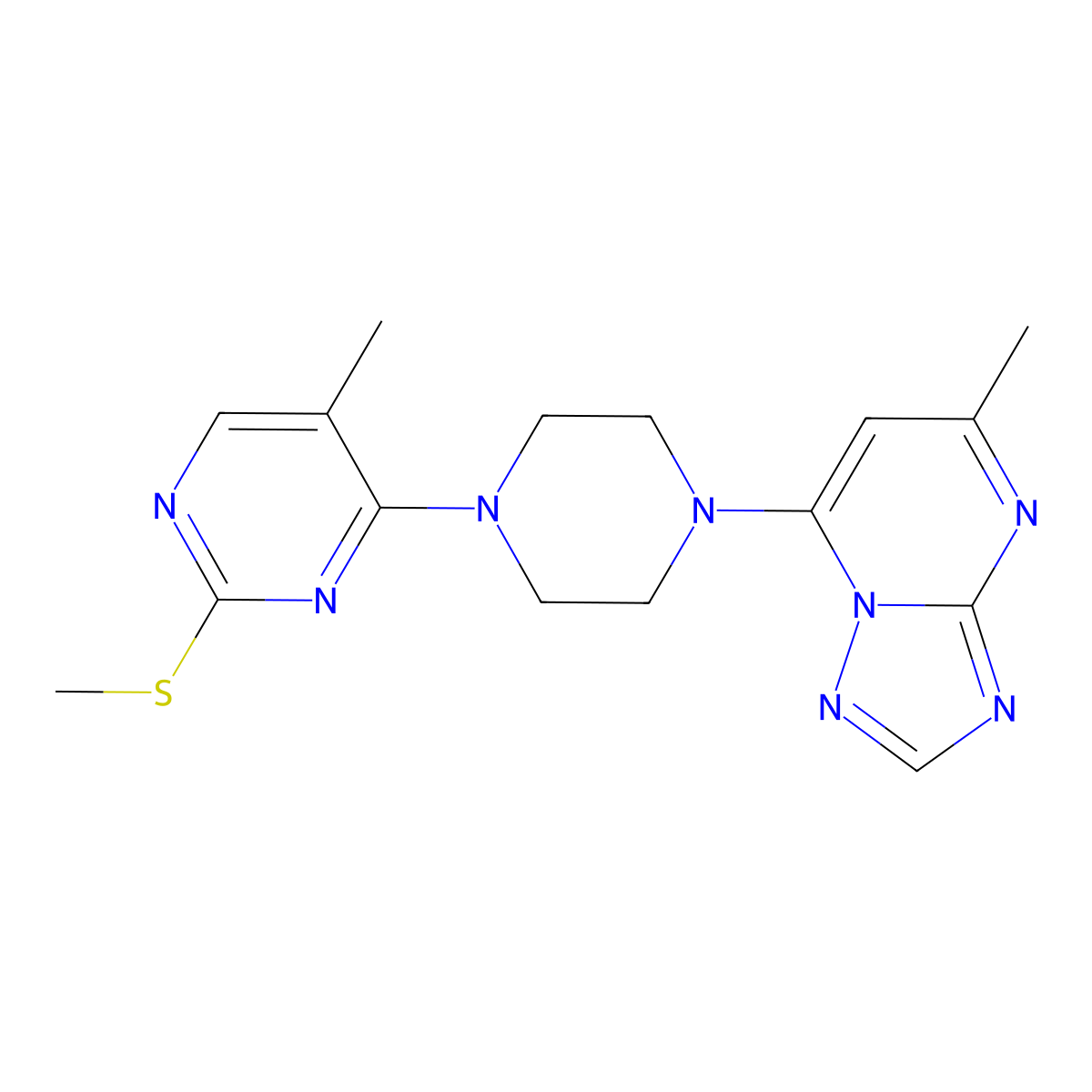5-Methyl-4-(4-{5-methyl-[1,2,4]triazolo[1,5-a]pyrimidin-7-yl}piperazin-1-yl)-2-(methylsulfanyl)pyrimidine molecular structure, CAS 2742025-26-7