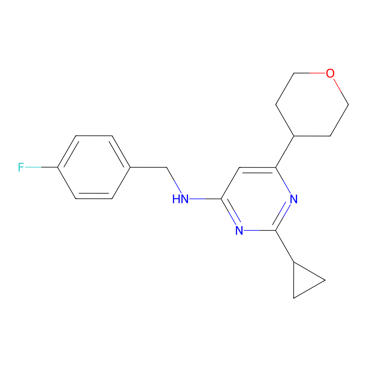 2-cyclopropyl-N-[(4-fluorophenyl)methyl]-6-(oxan-4-yl)pyrimidin-4-amine molecular structure, CAS 2742025-27-8