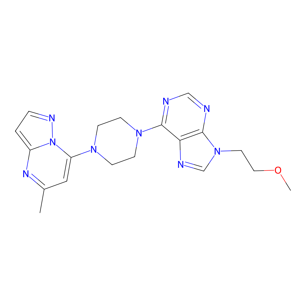 9-(2-methoxyethyl)-6-(4-{5-methylpyrazolo[1,5-a]pyrimidin-7-yl}piperazin-1-yl)-9H-purine molecular structure, CAS 2742025-28-9