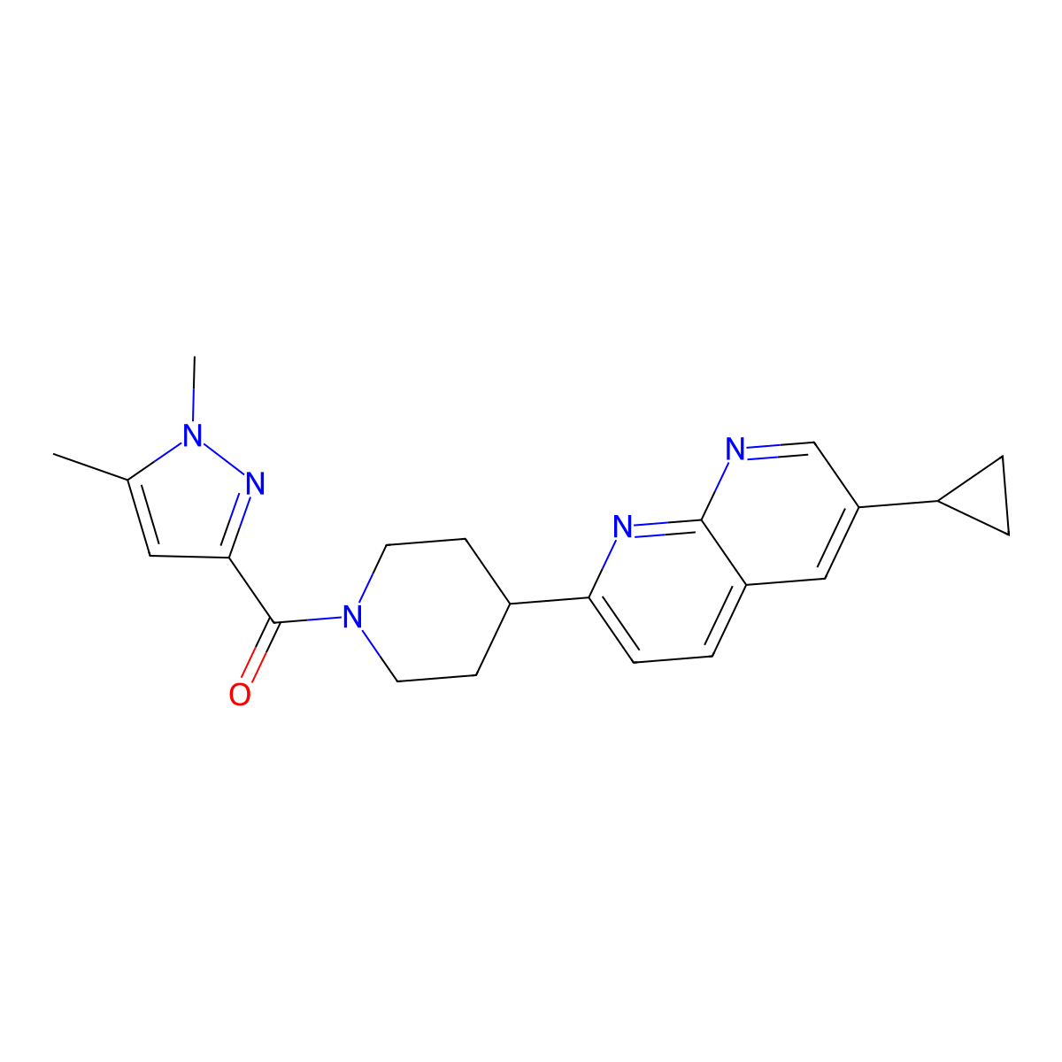 6-cyclopropyl-2-[1-(1,5-dimethyl-1H-pyrazole-3-carbonyl)piperidin-4-yl]-1,8-naphthyridine molecular structure, CAS 2742025-29-0