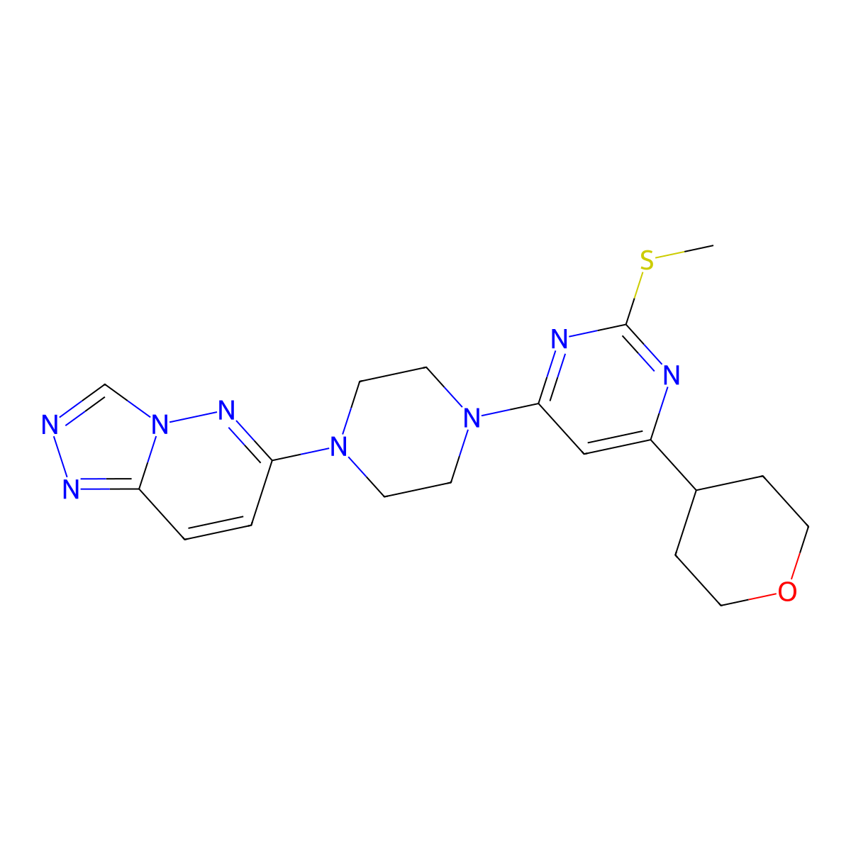 2-(Methylsulfanyl)-4-(oxan-4-yl)-6-(4-{[1,2,4]triazolo[4,3-b]pyridazin-6-yl}piperazin-1-yl)pyrimidine molecular structure, CAS 2742025-31-4