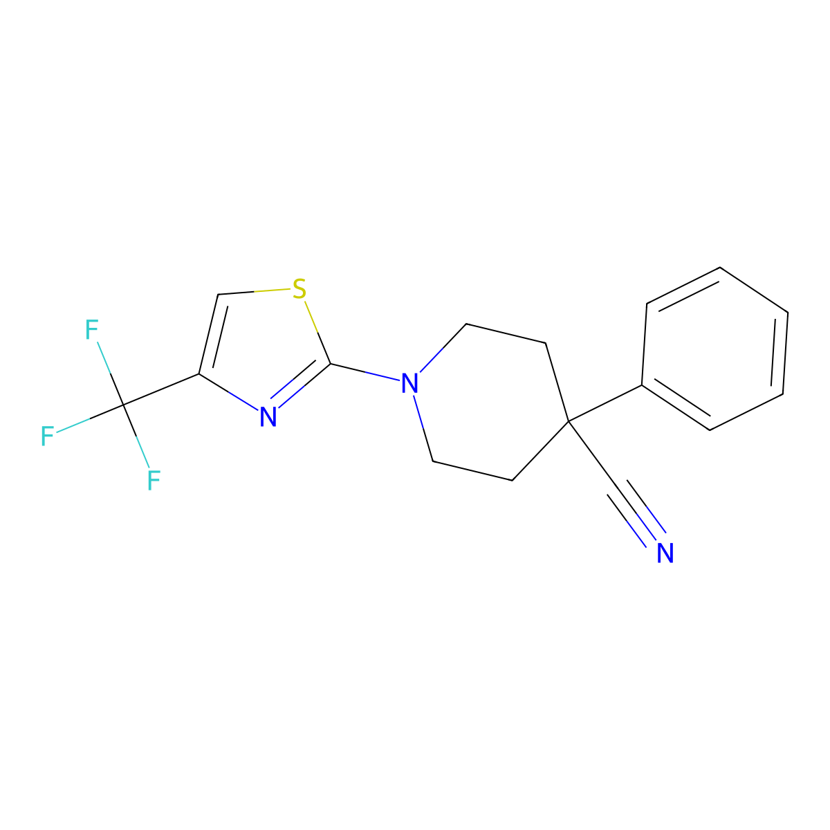 4-Phenyl-1-[4-(trifluoromethyl)-1,3-thiazol-2-yl]piperidine-4-carbonitrile molecular structure, CAS 2742025-38-1