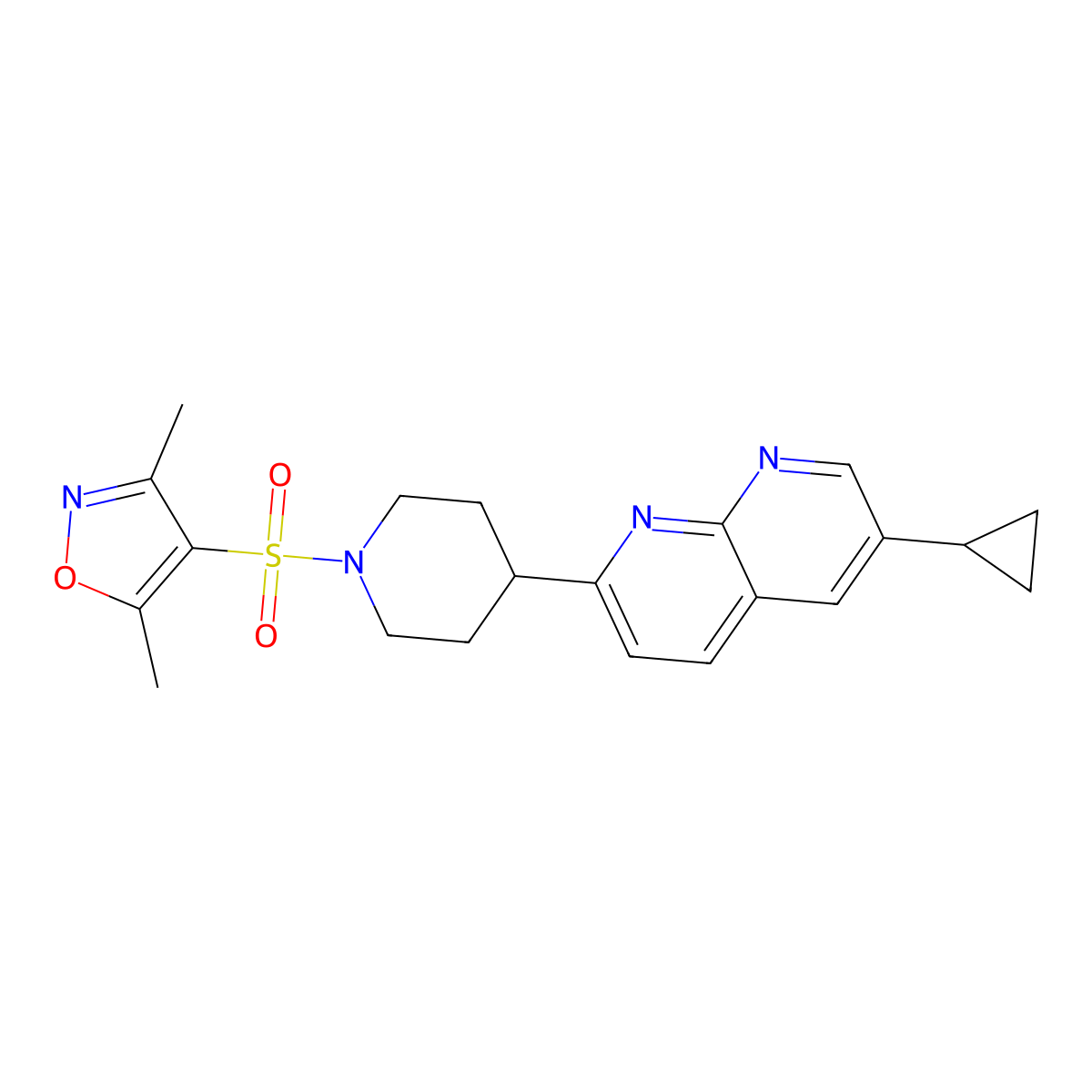 6-Cyclopropyl-2-{1-[(3,5-dimethyl-1,2-oxazol-4-yl)sulfonyl]piperidin-4-yl}-1,8-naphthyridine molecular structure, CAS 2742025-43-8