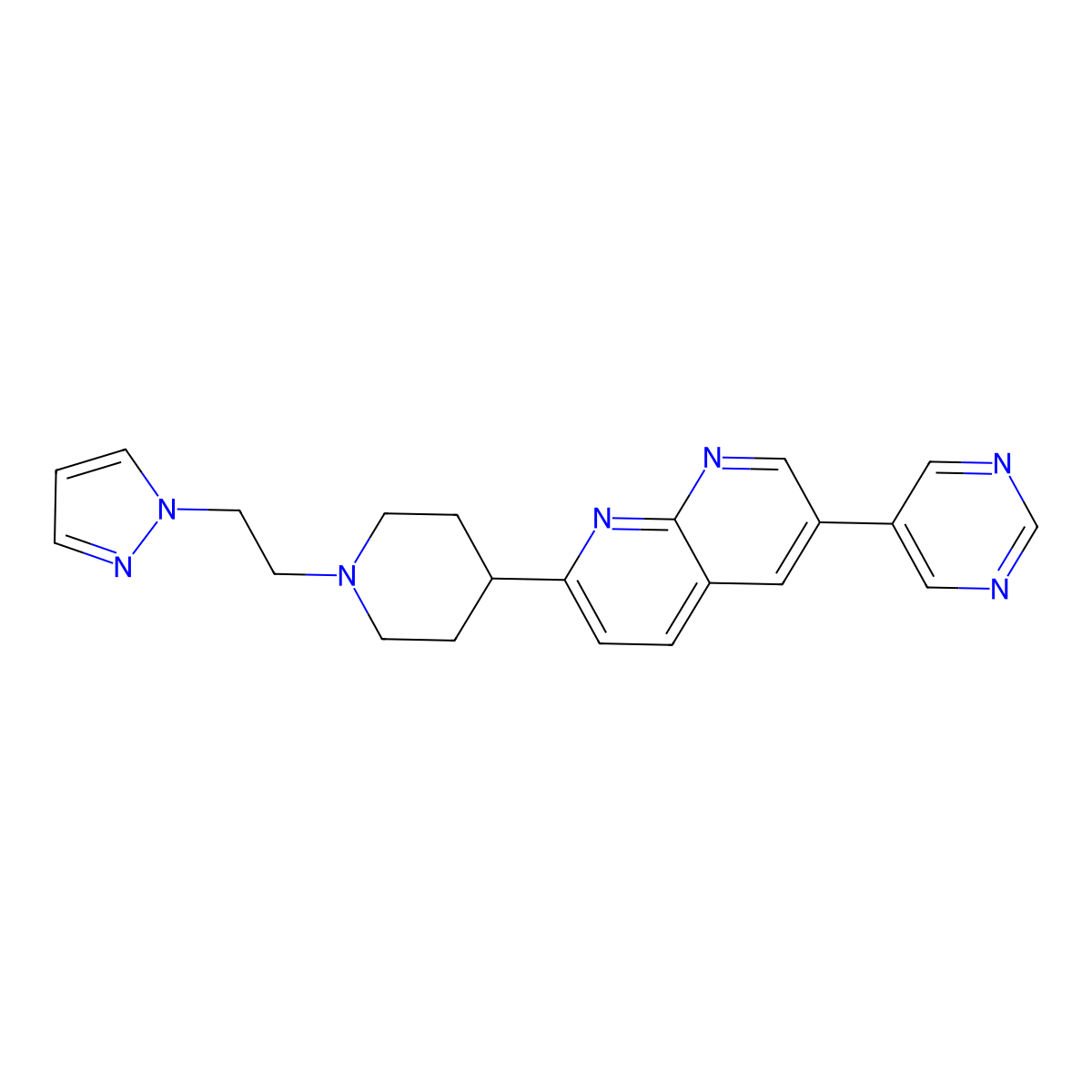 2-{1-[2-(1H-pyrazol-1-yl)ethyl]piperidin-4-yl}-6-(pyrimidin-5-yl)-1,8-naphthyridine molecular structure, CAS 2742025-58-5