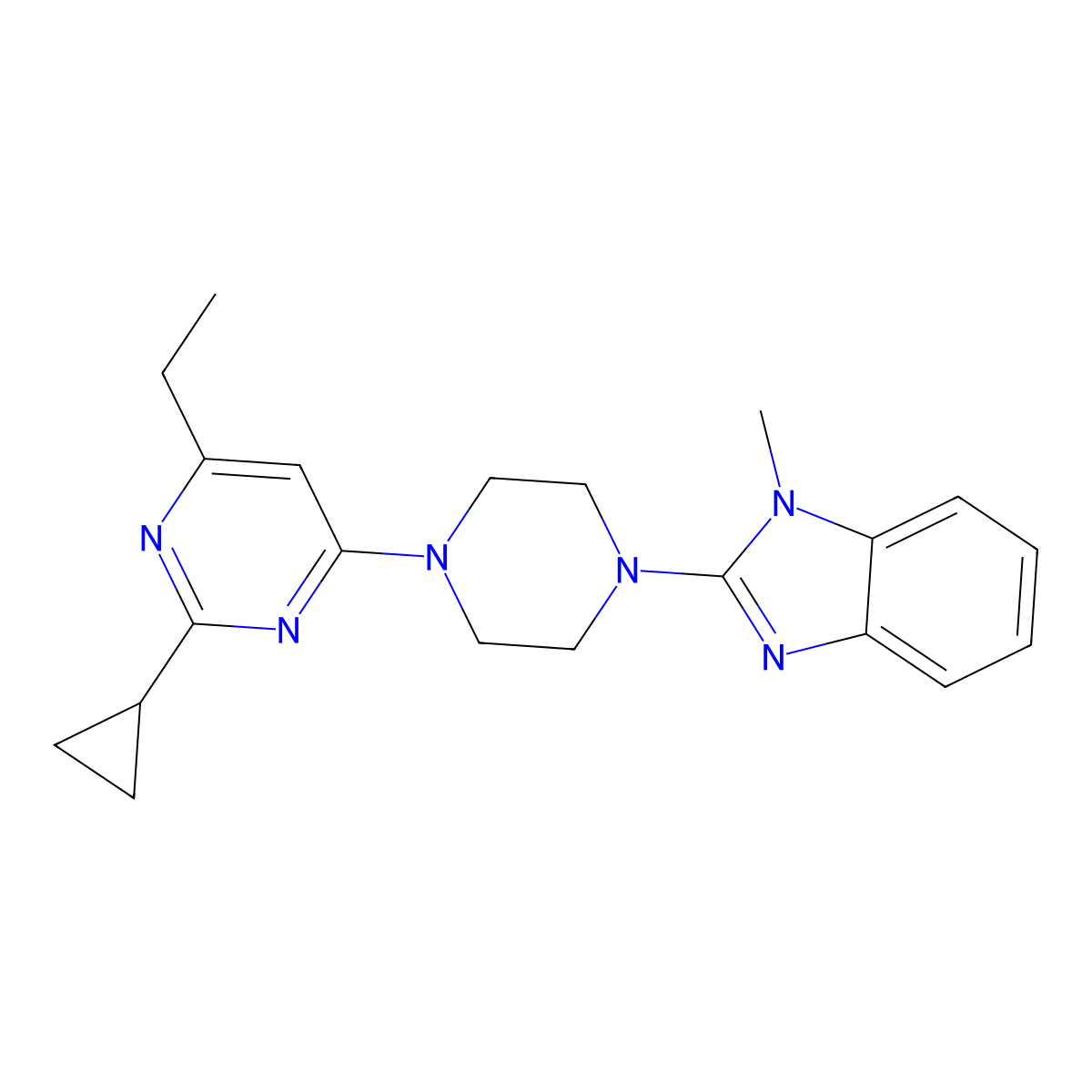 2-[4-(2-Cyclopropyl-6-ethylpyrimidin-4-yl)piperazin-1-yl]-1-methylbenzimidazole molecular structure, CAS 2742025-60-9