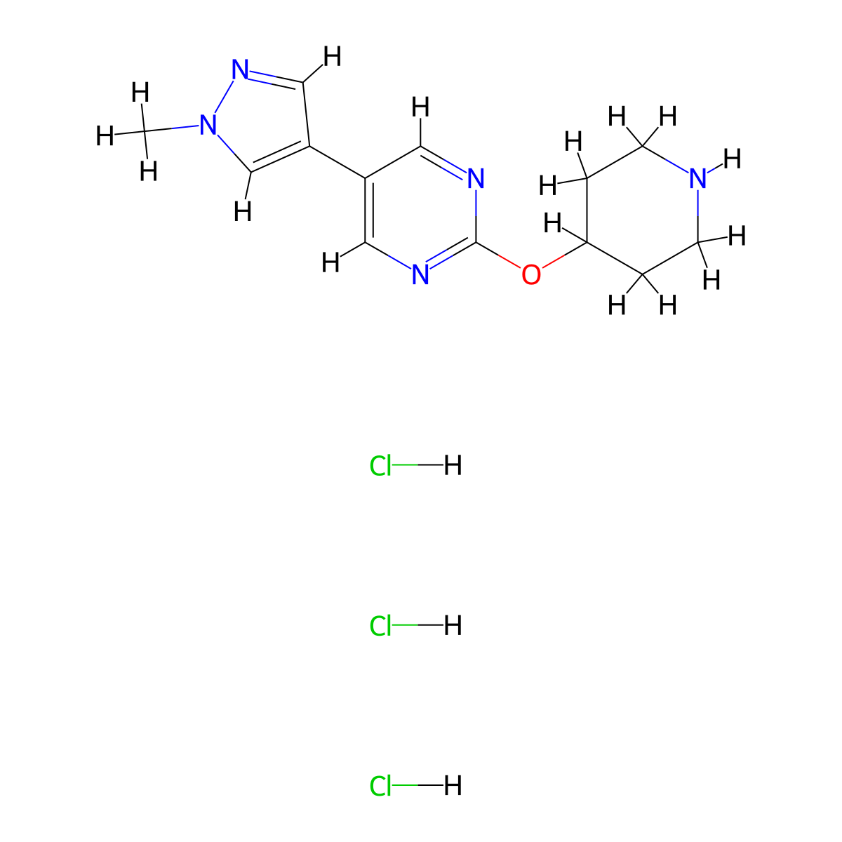 5-(1-methyl-1H-pyrazol-4-yl)-2-(piperidin-4-yloxy)pyrimidine trihydrochloride molecular structure, CAS 2742025-62-1