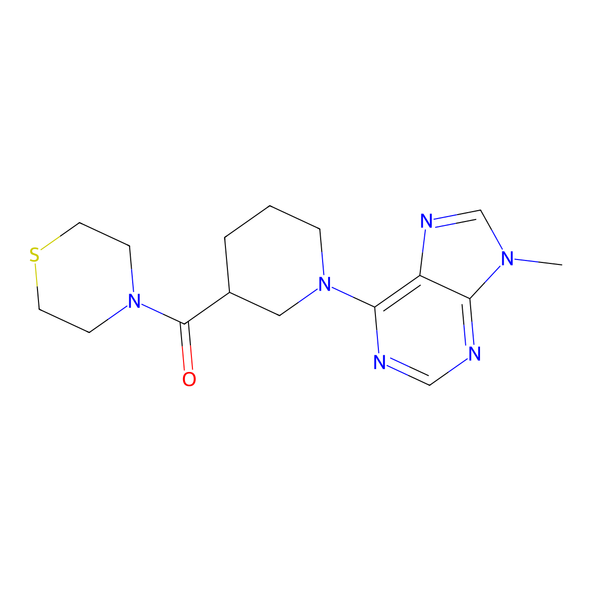 9-methyl-6-[3-(thiomorpholine-4-carbonyl)piperidin-1-yl]-9H-purine molecular structure, CAS 2742025-63-2