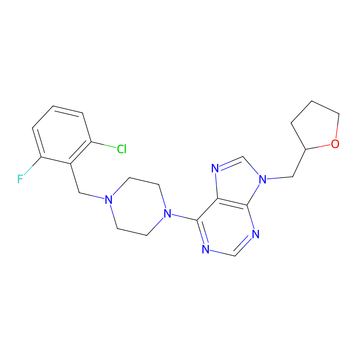 6-{4-[(2-chloro-6-fluorophenyl)methyl]piperazin-1-yl}-9-[(oxolan-2-yl)methyl]-9H-purine molecular structure, CAS 2742025-69-8